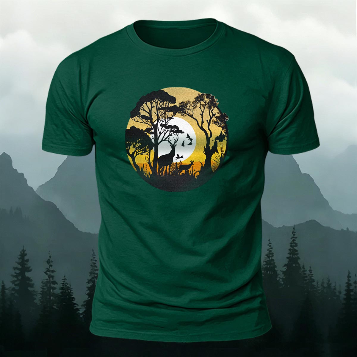 Lone Wolf in the Twilight Forest Printed Cotton Crew Neck T-Shirt