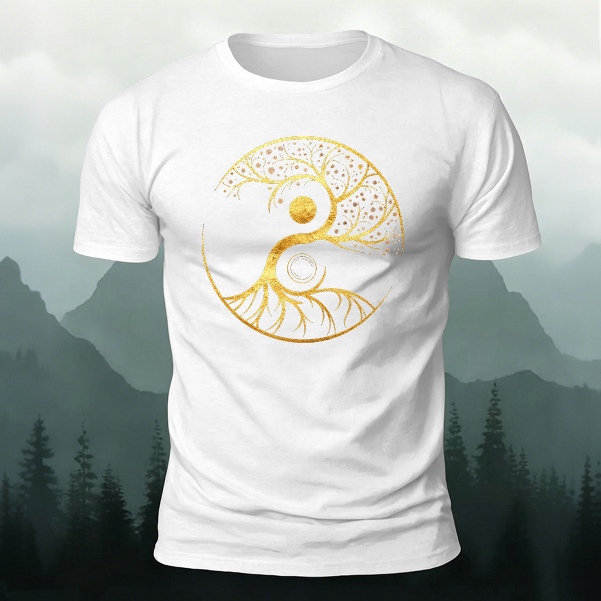 Artistic Graphics Pattern Mountain-Style Cotton T-Shirt White