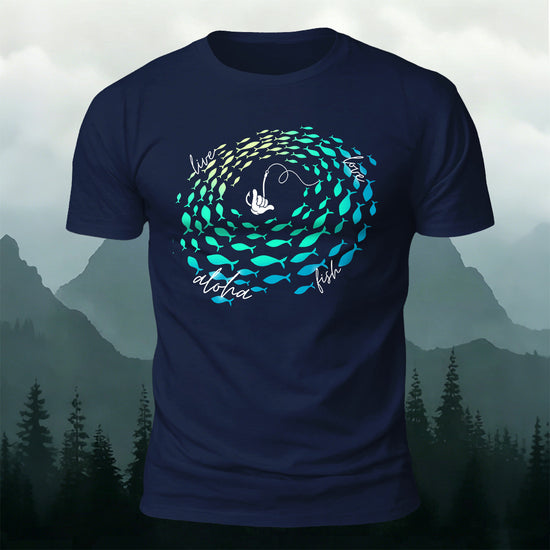Stylish Fishing-Print Soft-Touch Cotton T-Shirt Navy