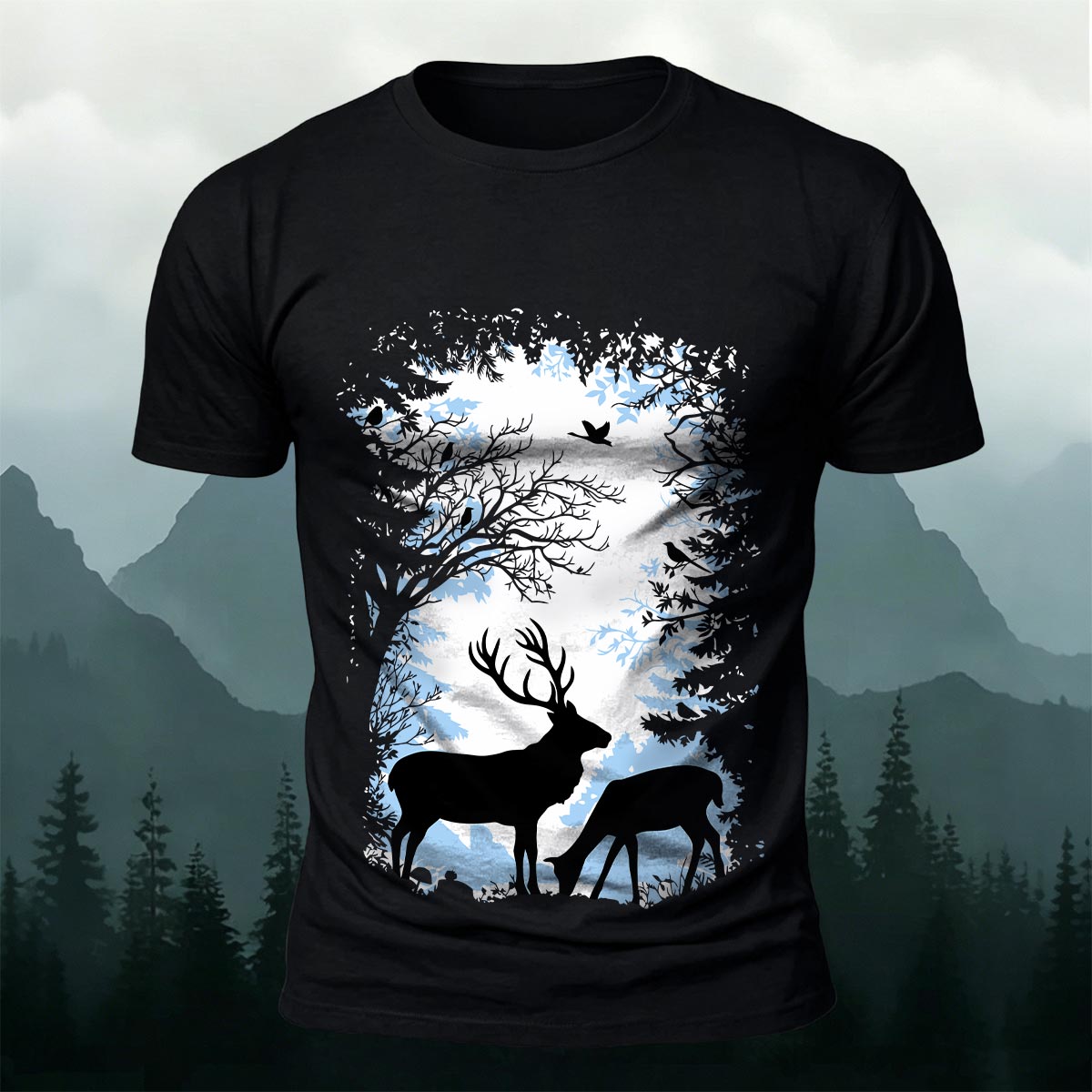 Forest and Deer Silhouette Print Crew-Neck T-Shirt
