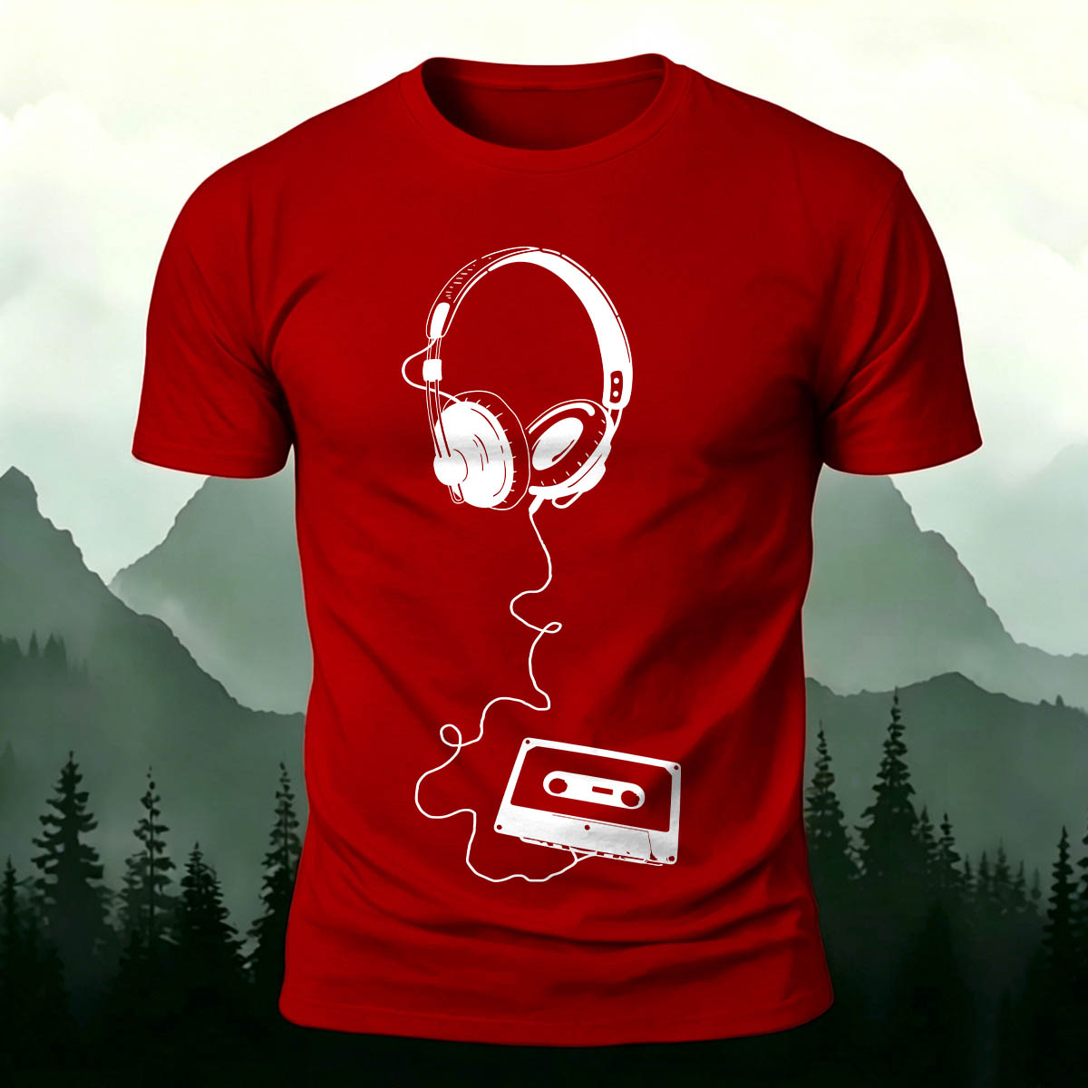Vintage Headphones Music Print Cotton T-Shirt
