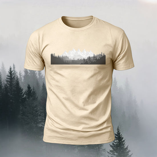 Mountain Forest Print Casual Comfortable T-Shirt Beige