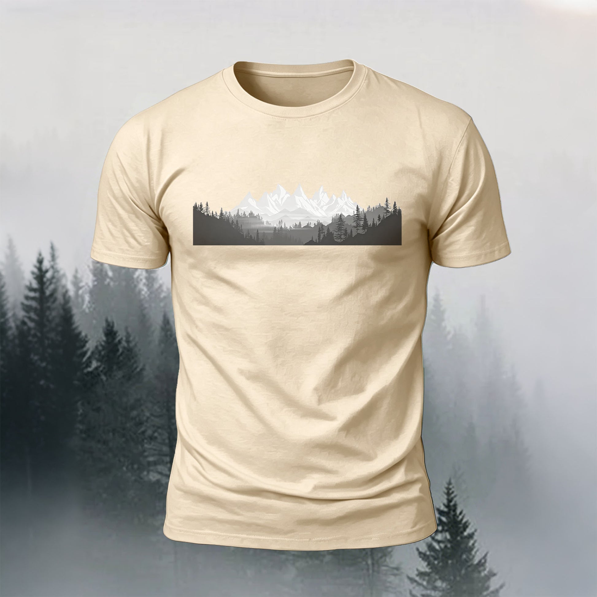 Mountain Forest Print Casual Comfortable T-Shirt Beige