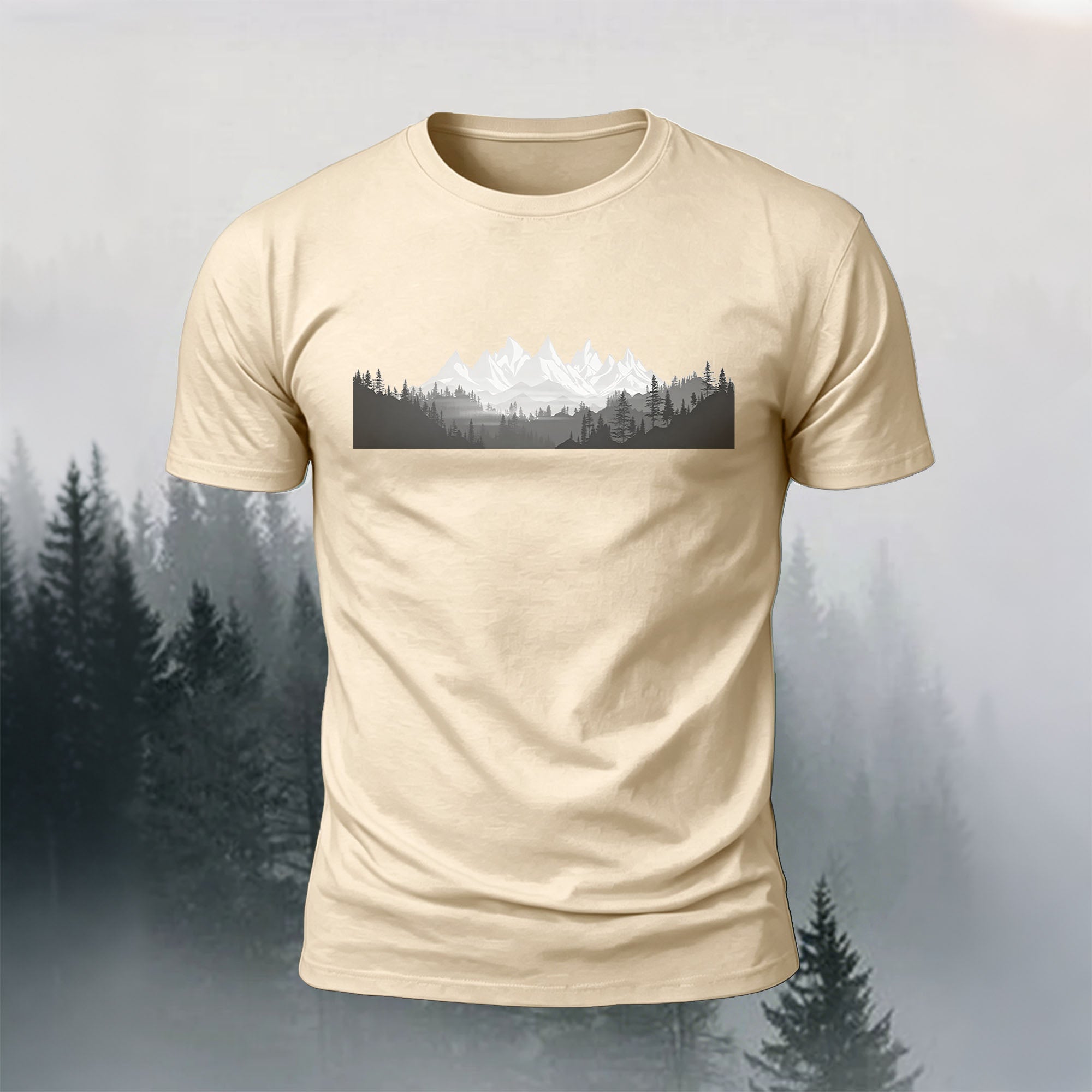 Mountain Forest Print Casual Comfortable T-Shirt Beige