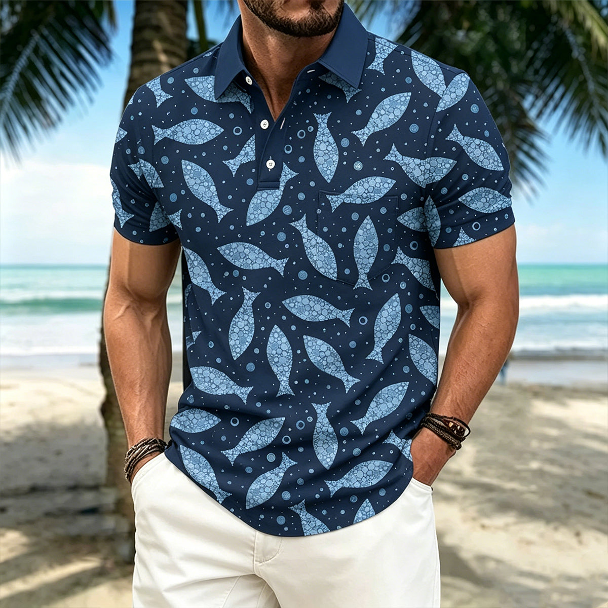 Deep-Sea Fish Print Slim-Fit Beach Resort Polo Shirt