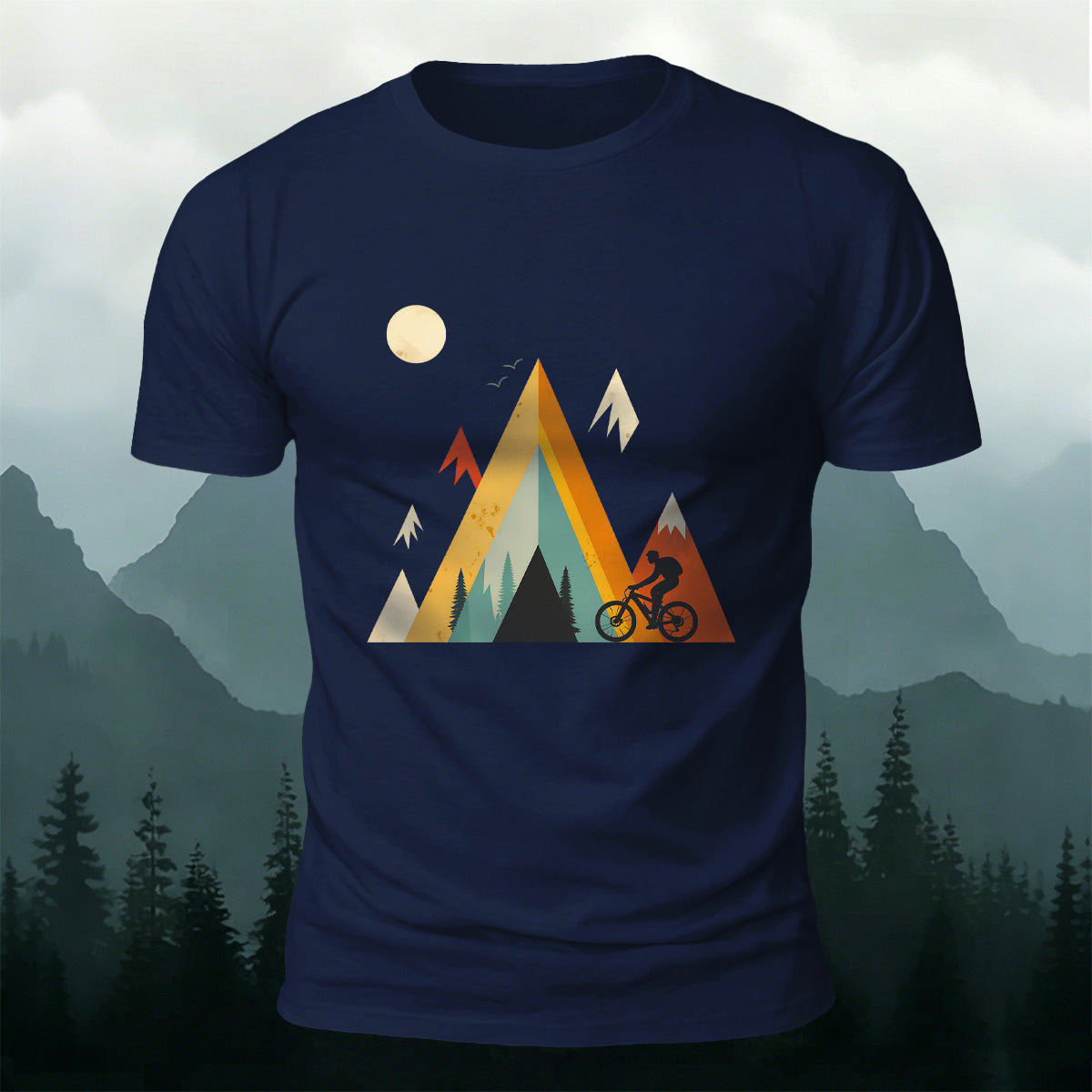 Outdoor Cycling Illustration Design Cotton Casual T-Shirt Navy