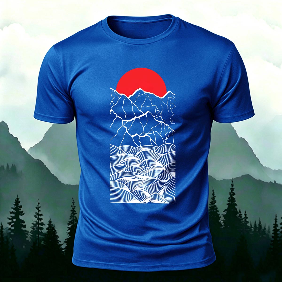 Forest Sunset Mountain Print Casual Cotton T-Shirt
