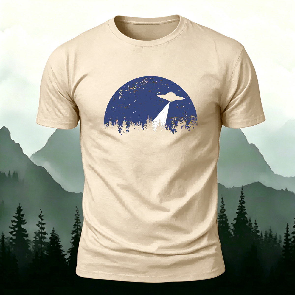 Alien Spaceship Pattern Skin-Friendly Casual T-Shirt Beige