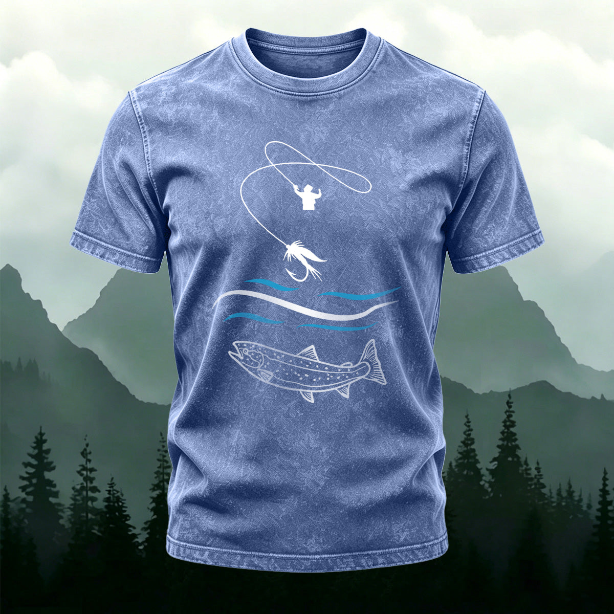 Fishing Pattern Natural Style Ultra-soft Fabric T-Shirt Deep Blue