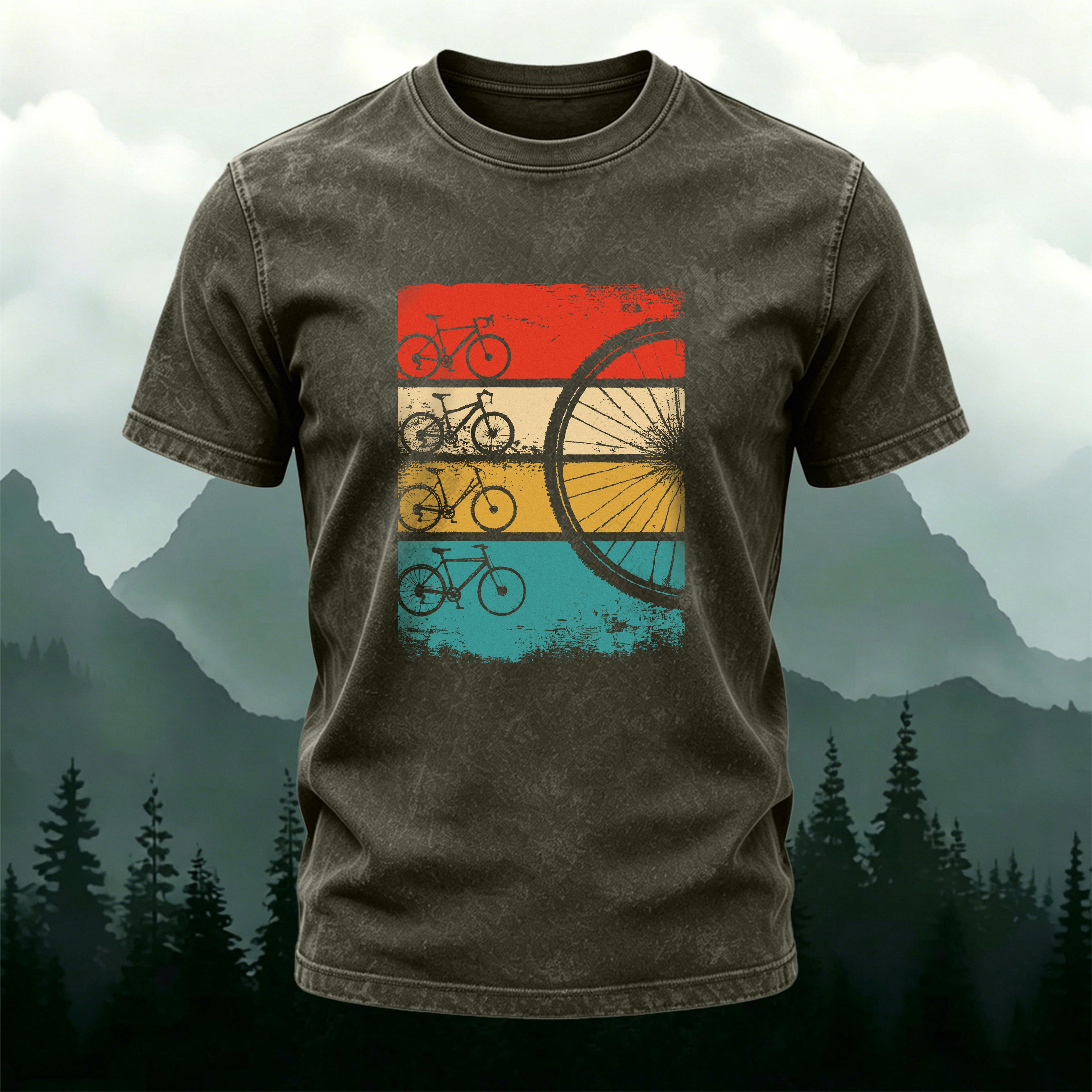 Cycling-themed Colorful Bicycle Print Washed Cotton T-Shirt