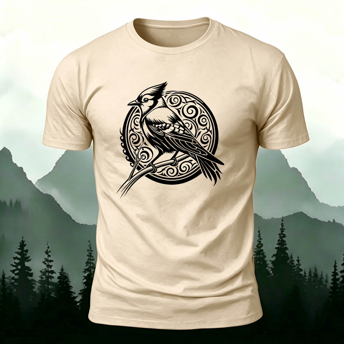 Vintage Bird Circle Print Versatile Cotton T-Shirt