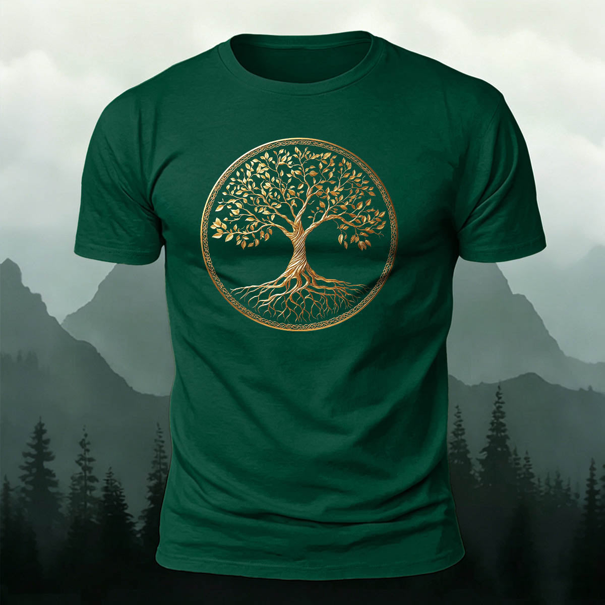 Golden Tree of Life Printed Cotton Crew Neck T-Shirt