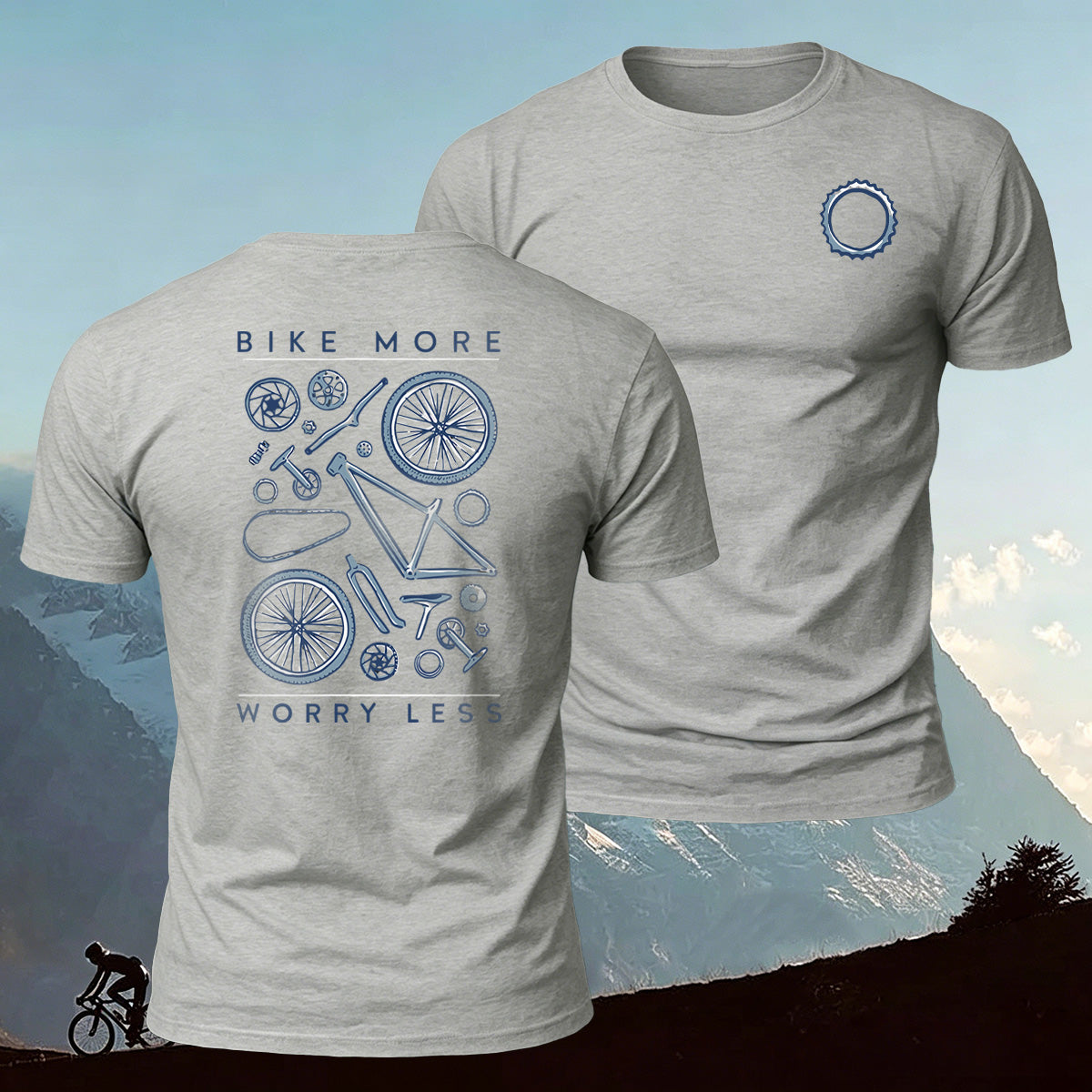 Bicycle Parts Print 100% Cotton Casual T-Shirt Grey