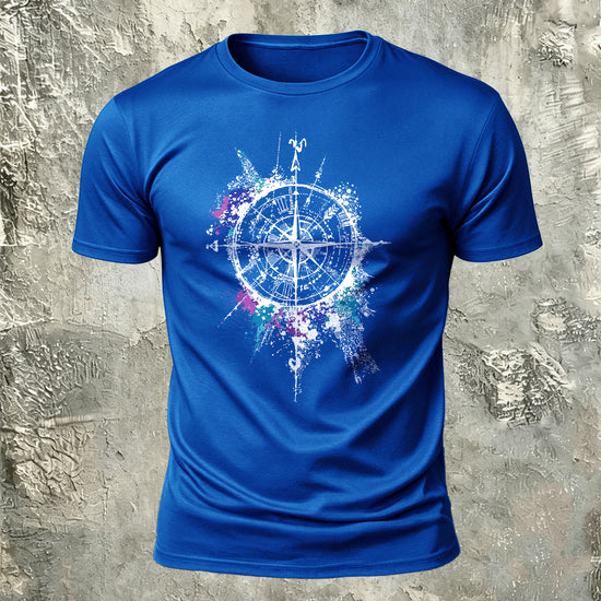 Compass Art Graphic 100% Cotton Casual T-Shirt Blue