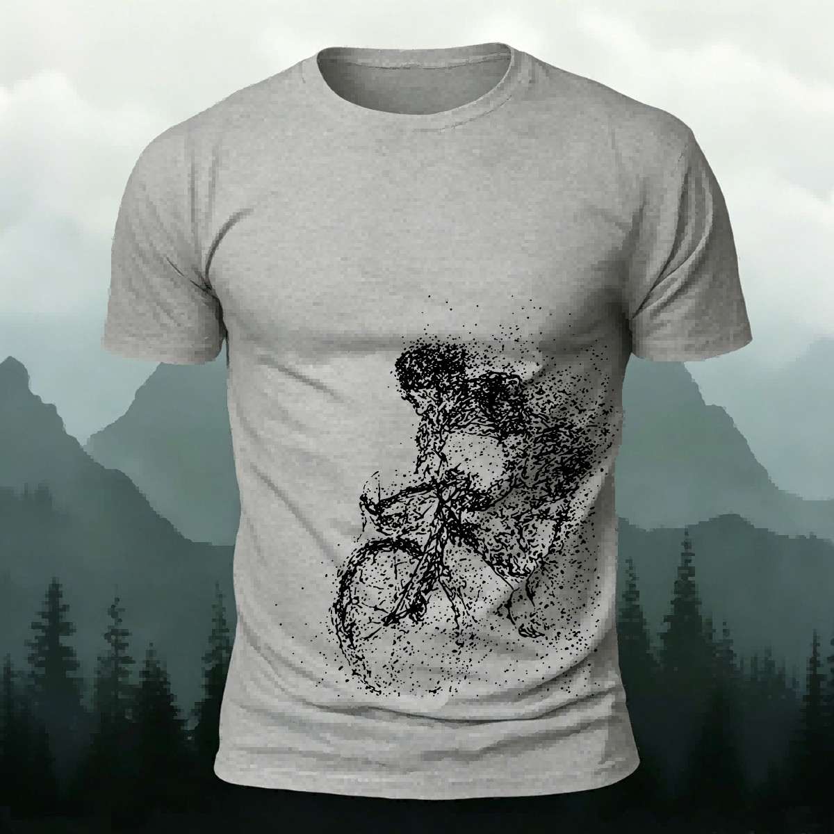 Cycling Pattern Mountain-Style Cotton Casual T-Shirt Grey