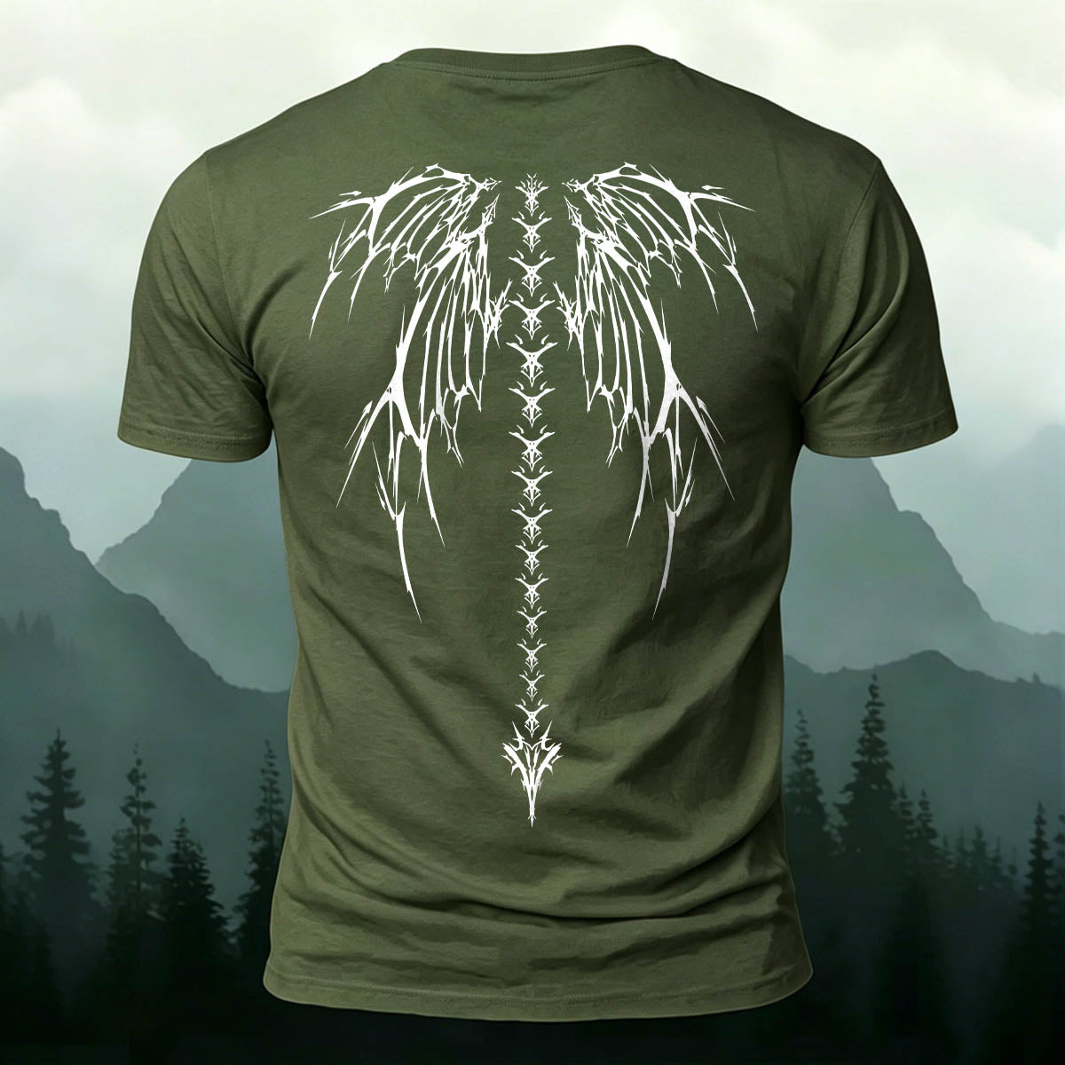Dark-Style Devil Wings Spine Print Casual Cotton T-Shirt