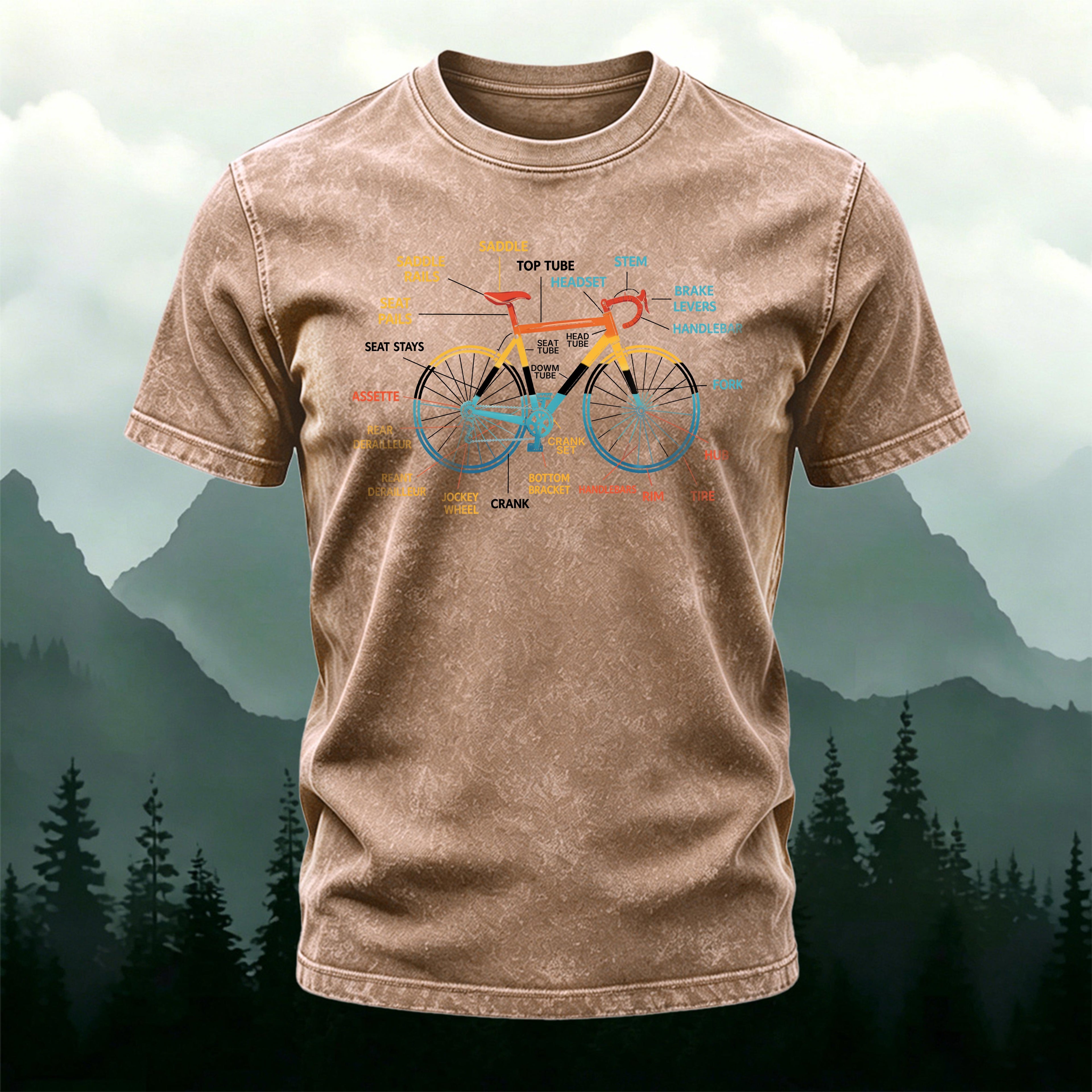Bicycle Motif Printed Casual Washed Cotton T-Shirt