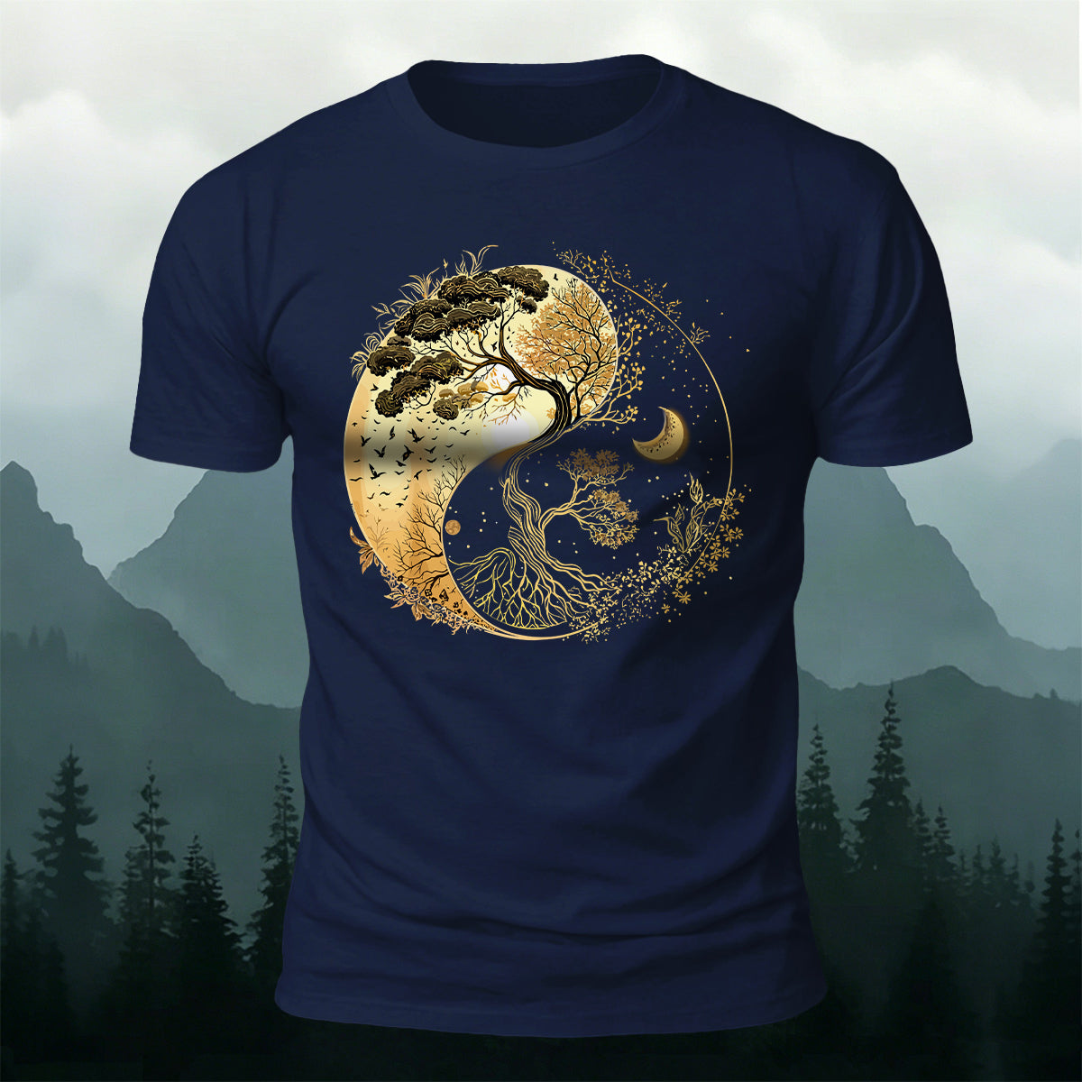 Yin-Yang Tai Chi Tree Design Casual Cotton T-Shirt Navy