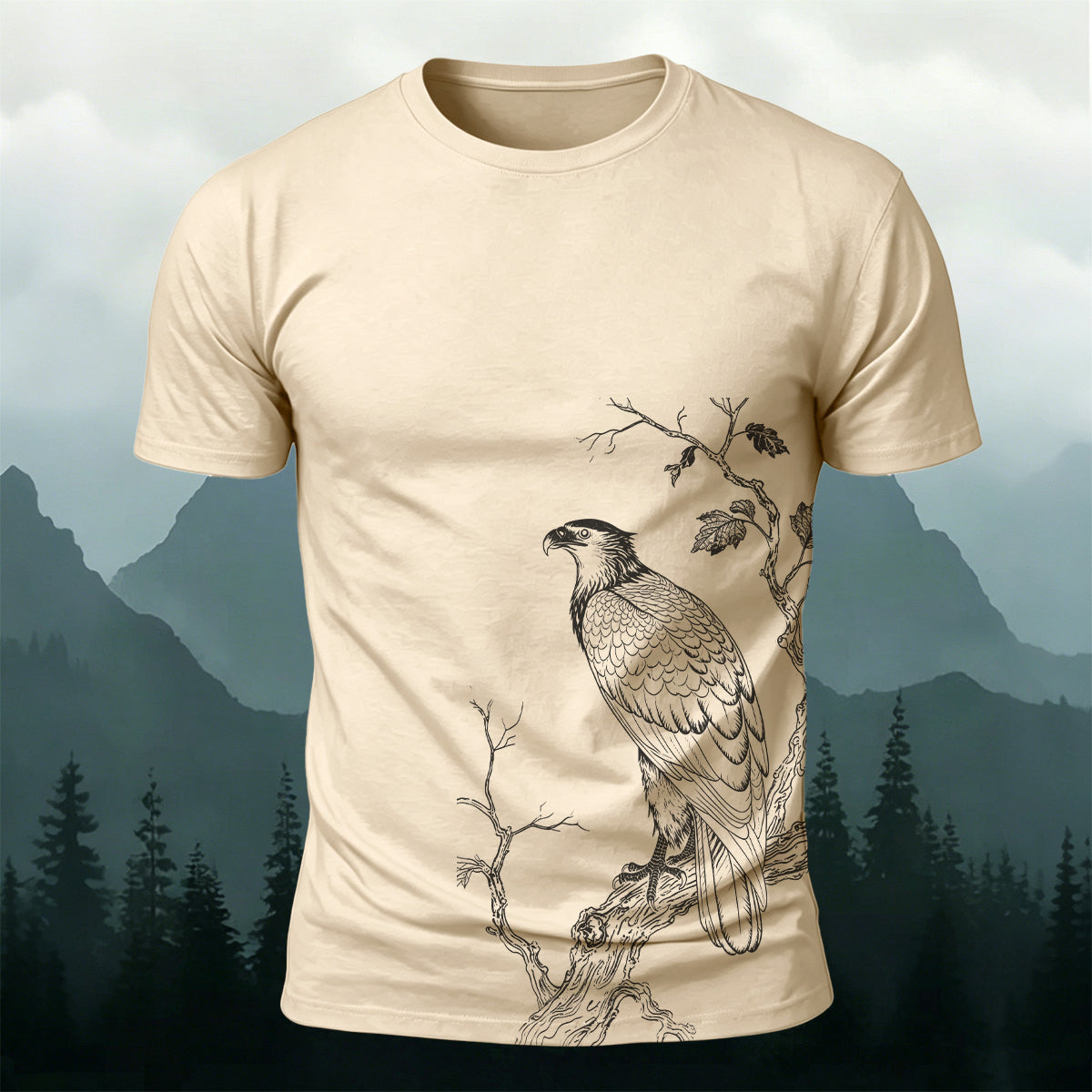 Bird-on-a-Branch PrintCasual 100% Cotton T-Shirt Beige