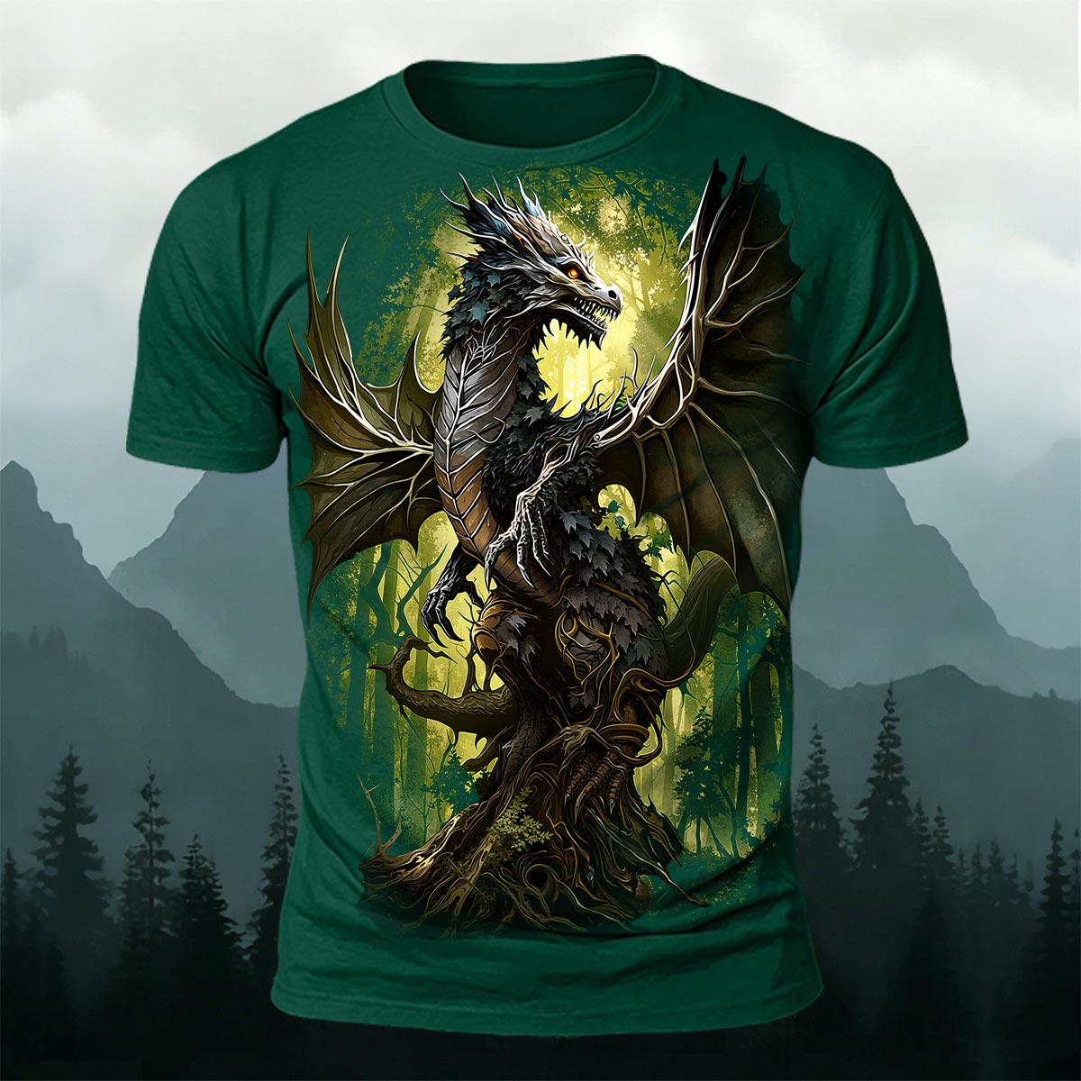 Retro Forest Dragon Print Outdoor 100% Cotton T-Shirt DGE