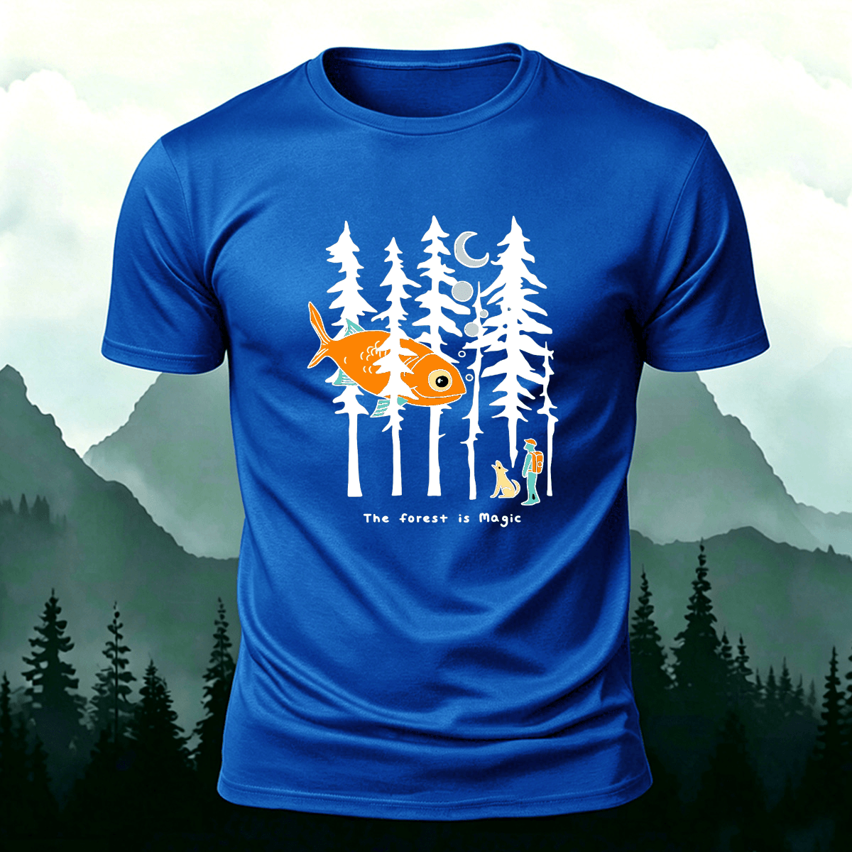 Fun Forest Print Outdoor Skin-friendly Casual T-Shirt Blue
