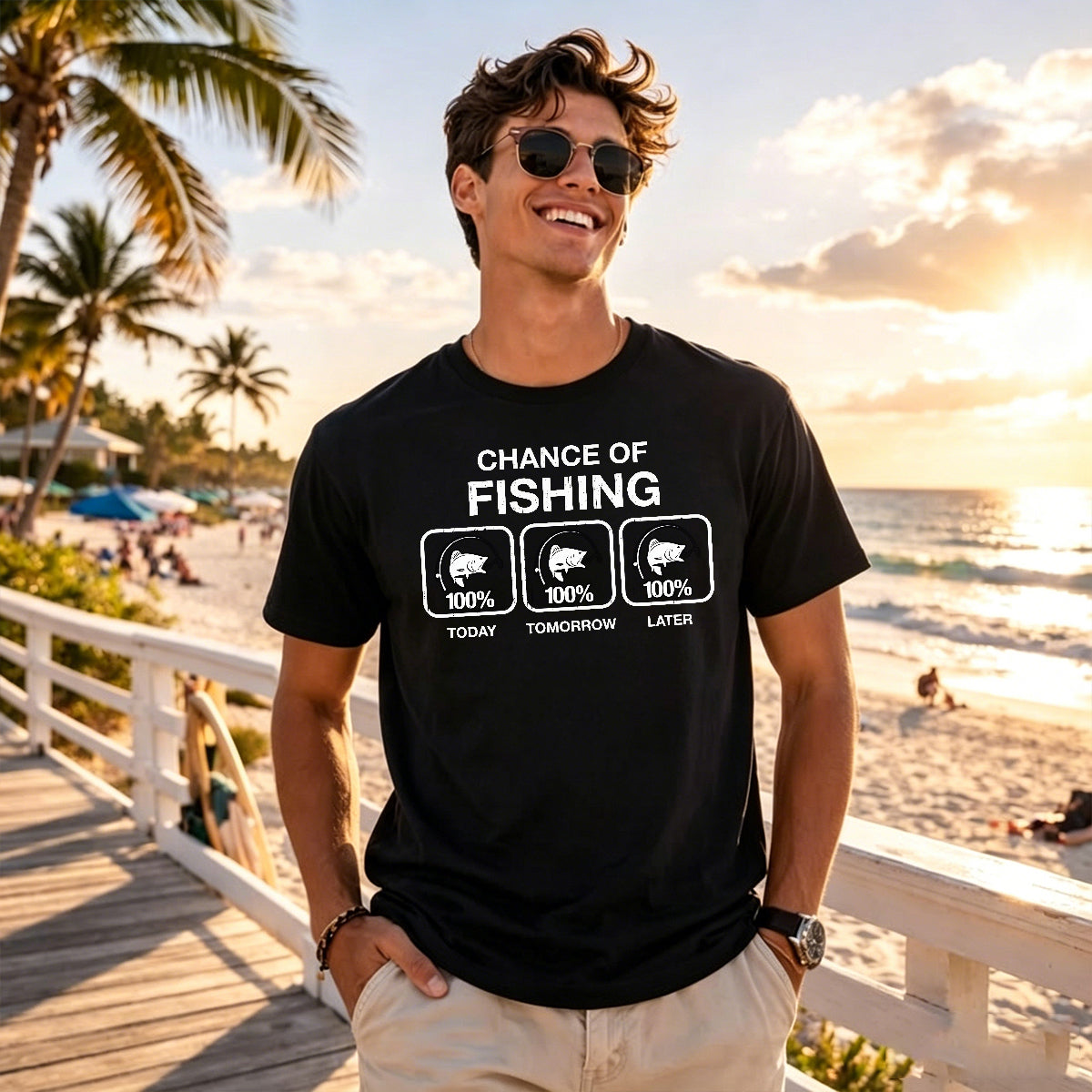 Fun Fishing Printed Casual Skin-friendly T-shirt Black