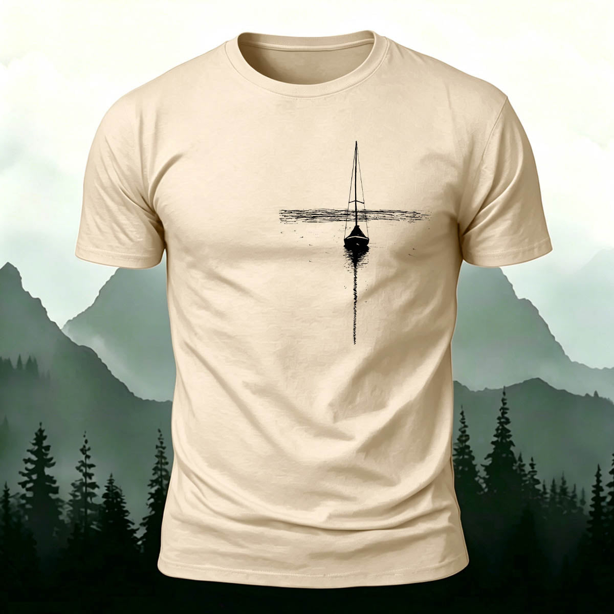 Silhouette of a Lonely Fishing Boat Print  Cotton T-Shirt