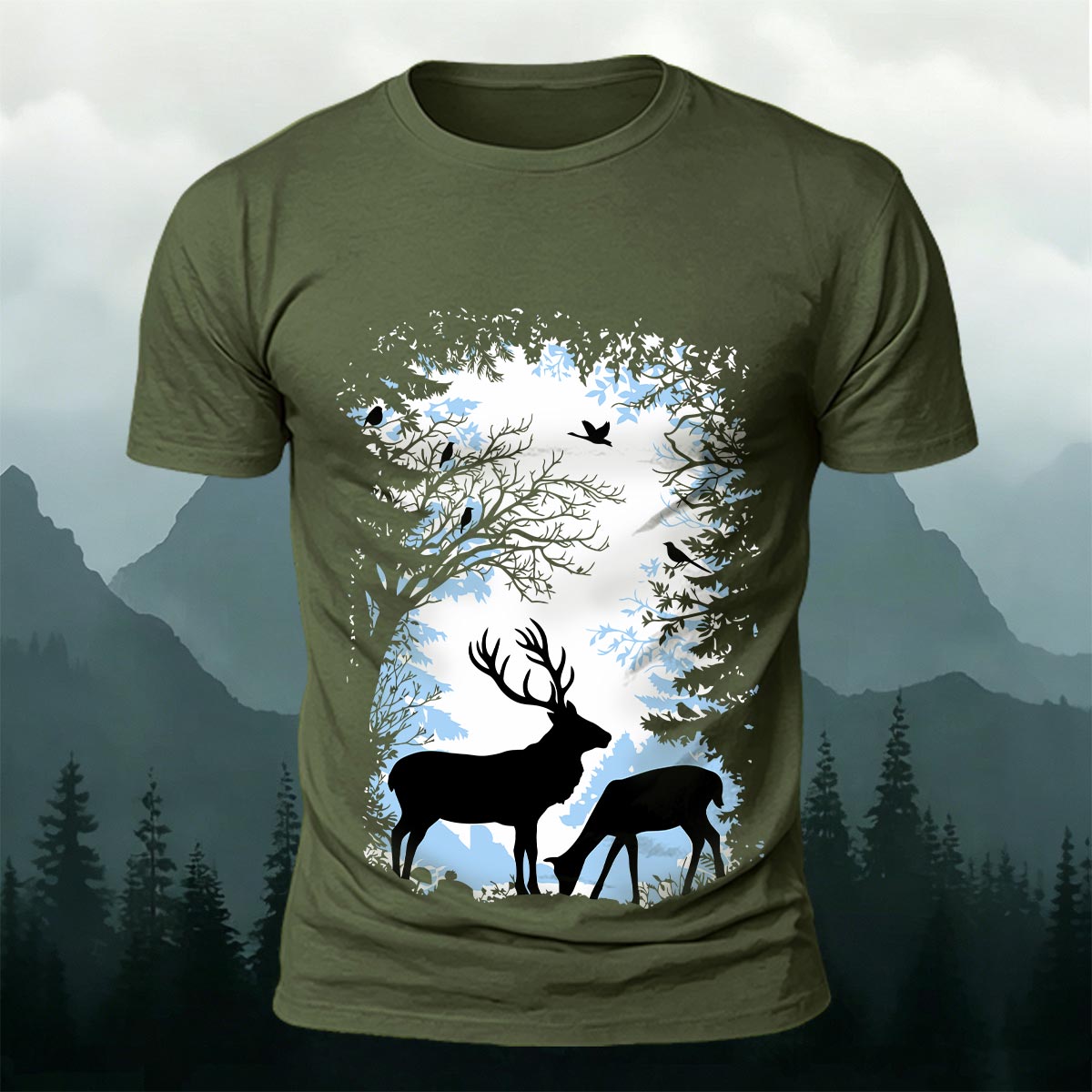 Forest and Deer Silhouette Print Crew-Neck T-Shirt