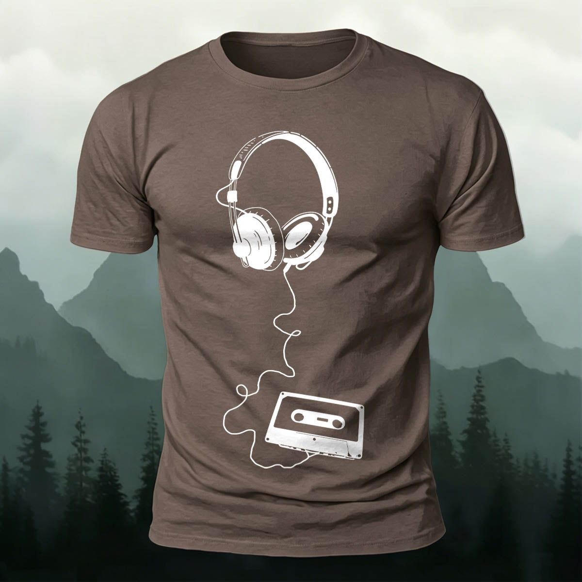 Vintage Headphones Music Print Cotton T-Shirt