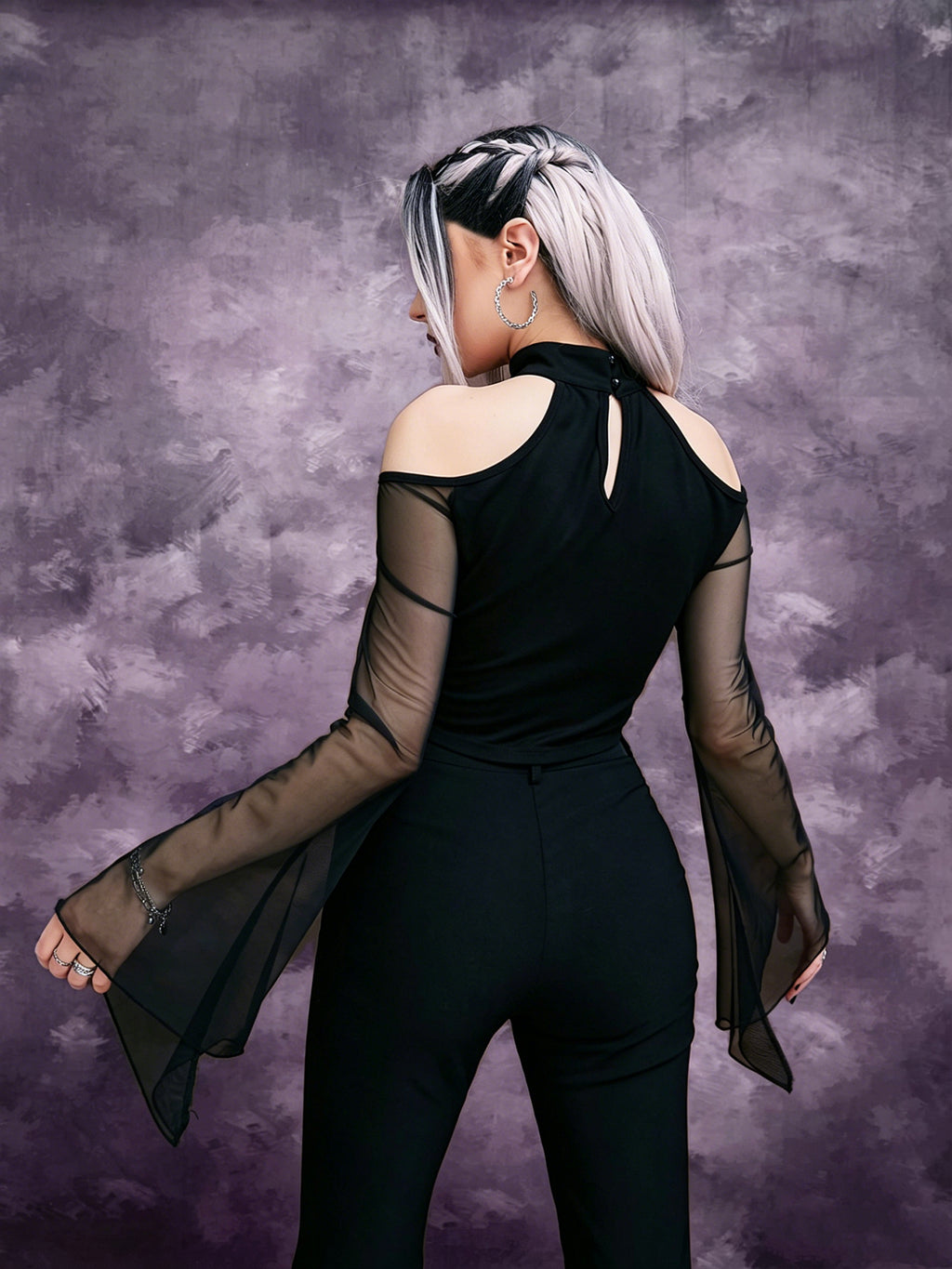 Dark Gothic-style Lace-Up Mesh-Paneled Bell-Sleeve Top