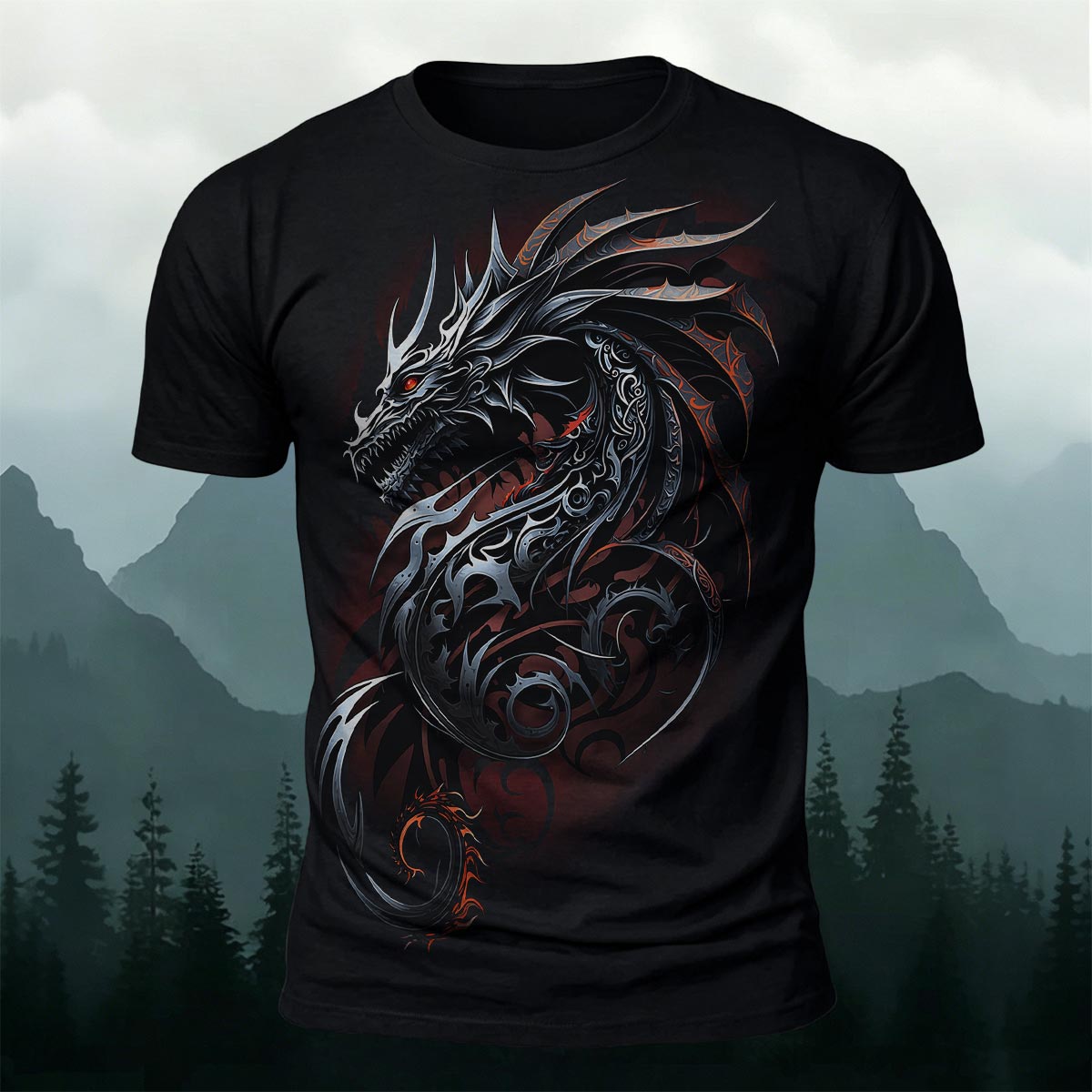 Dark Totem Dragon Print Casual Crew Neck T-Shirt