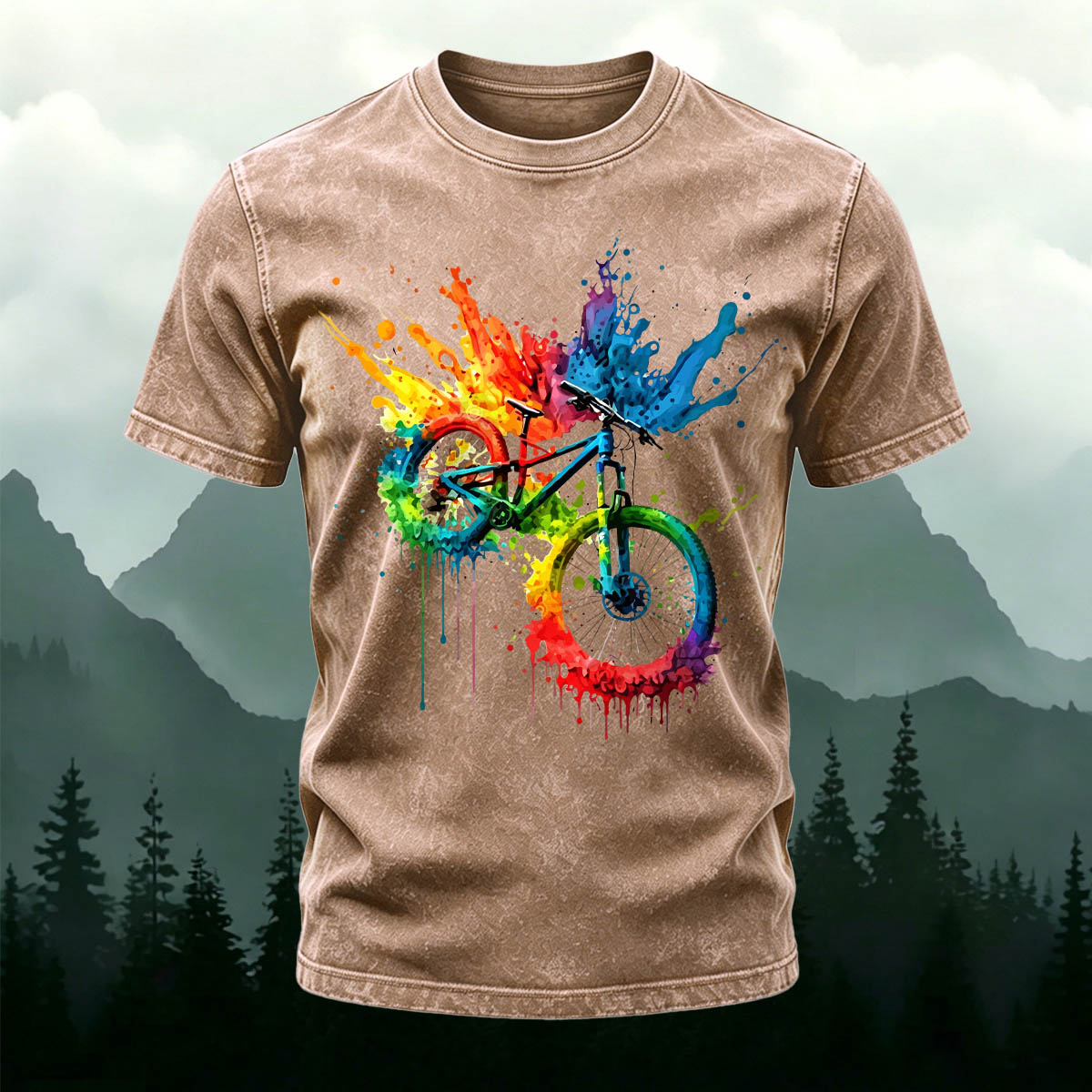 Painted Bicycle Outdoor Casual Washed Cotton T-Shirt