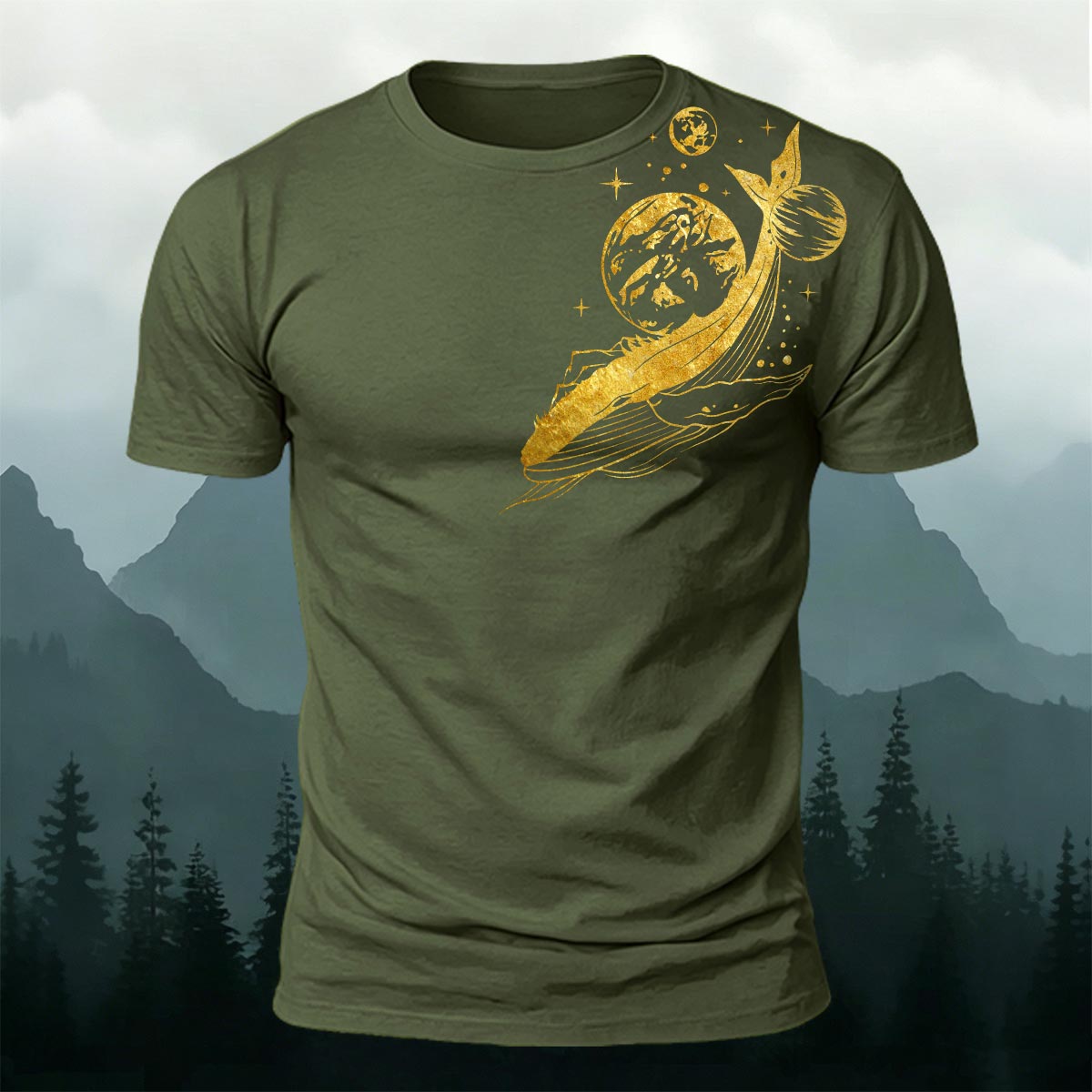 Whale and Space Print Casual Cotton T-Shirt AMG