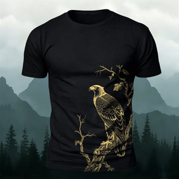Bird-on-a-Branch PrintCasual 100% Cotton T-Shirt Black