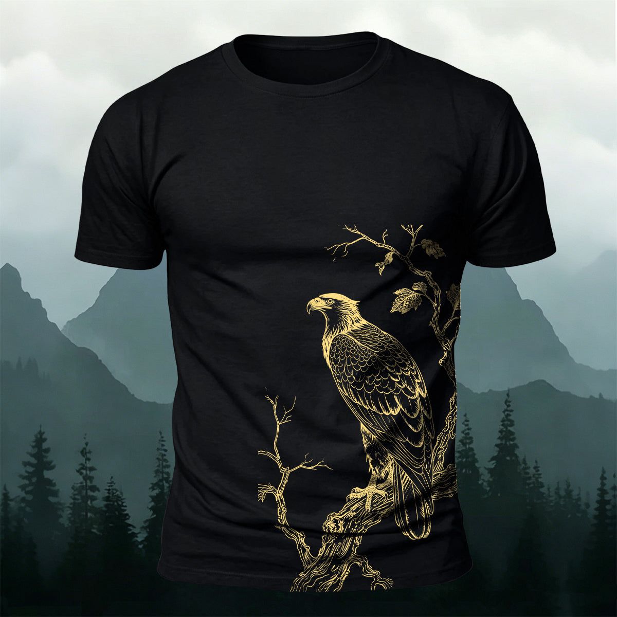 Bird-on-a-Branch PrintCasual 100% Cotton T-Shirt Black