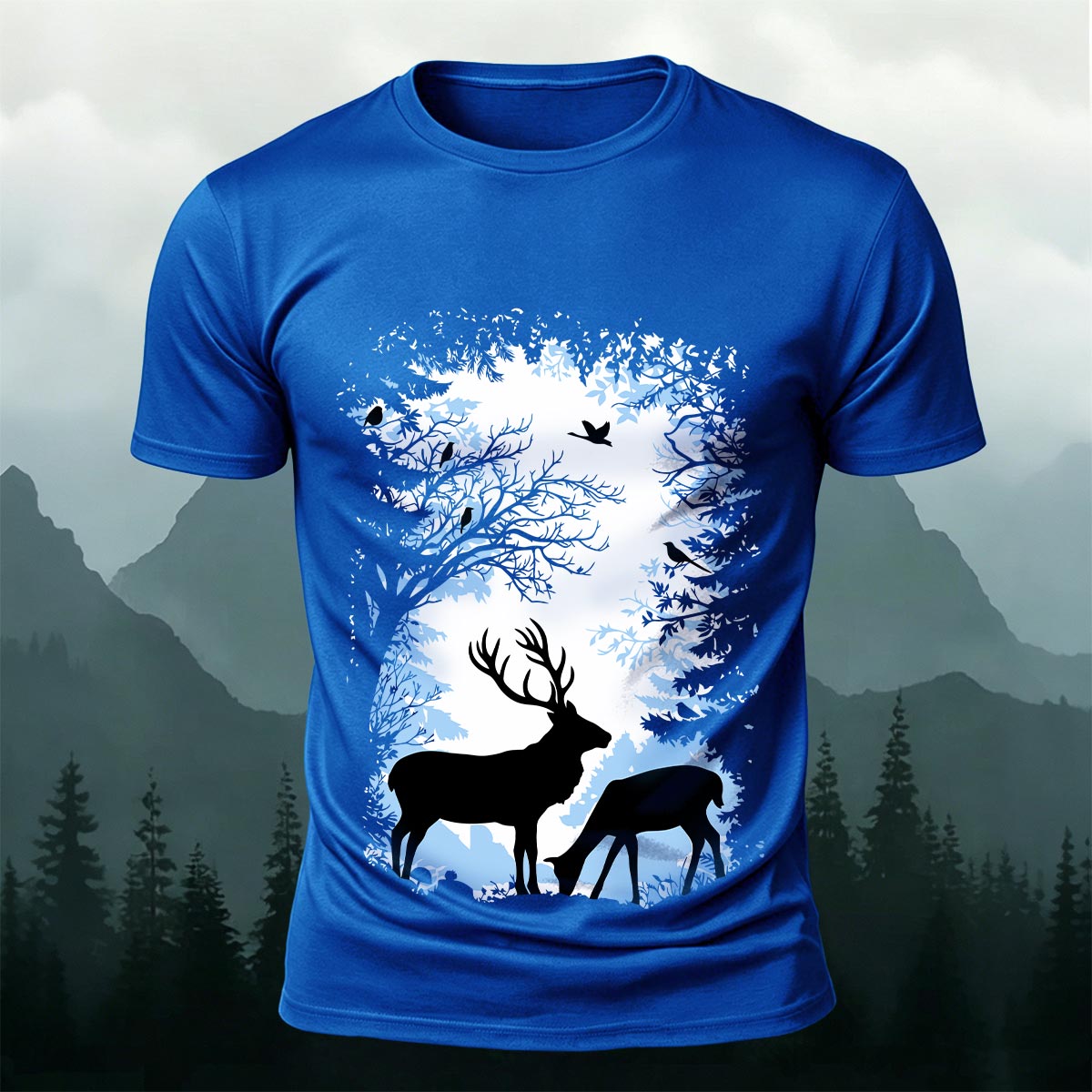 Forest and Deer Silhouette Print Crew-Neck T-Shirt