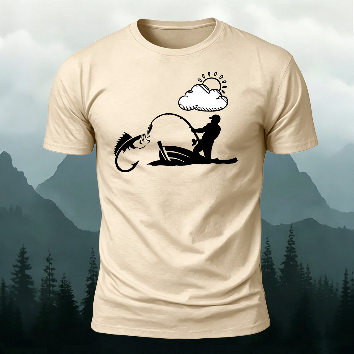 Outdoor Fishing Silhouette Print  Round-Neck Cotton T-Shirt
