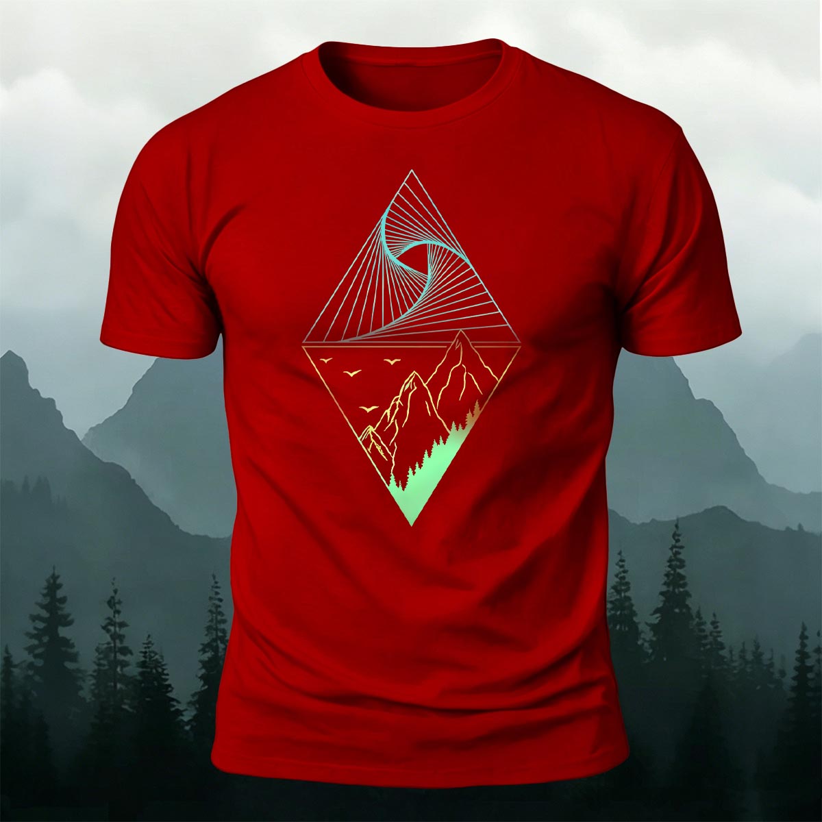 Mountain Geometric Pattern Casual 100% Cotton T-Shirt