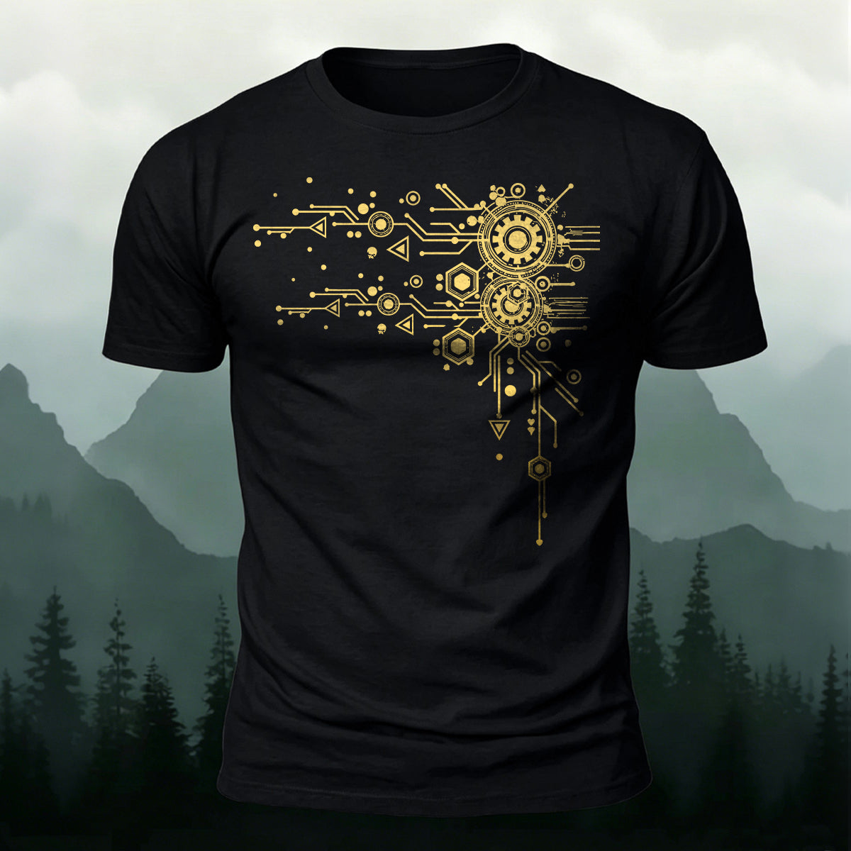 Creative Geometric Mechanical Premium Cotton T-Shirt Black