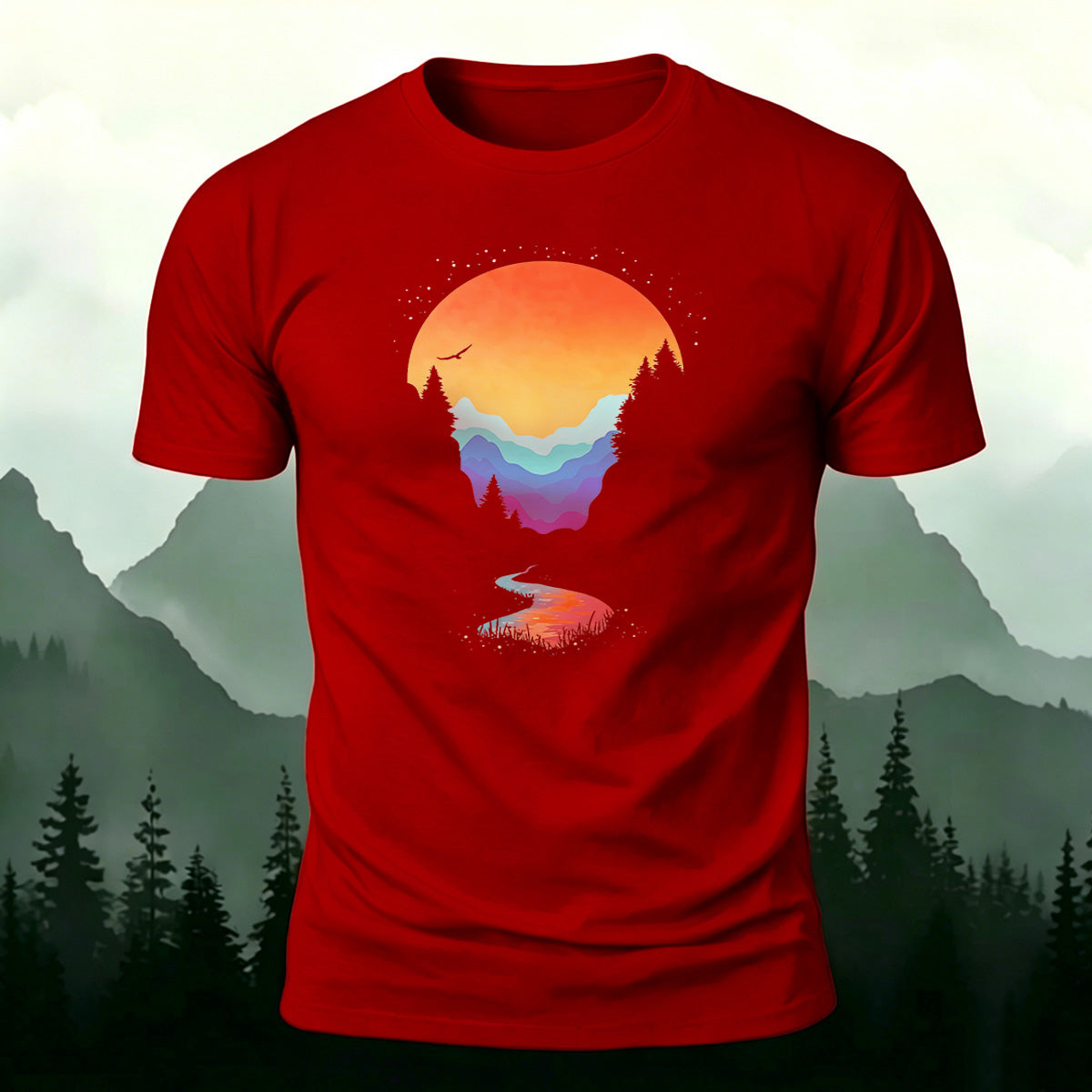 Sunset Scenery Printed Natural Style Skin-friendly T-Shirt Red