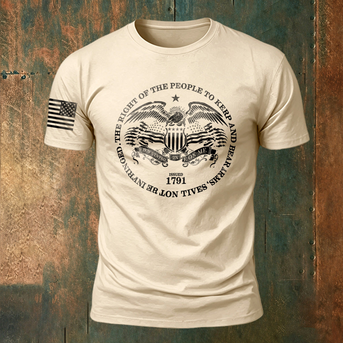 Memorial Print American-Style Casual Cotton T-Shirt Beige