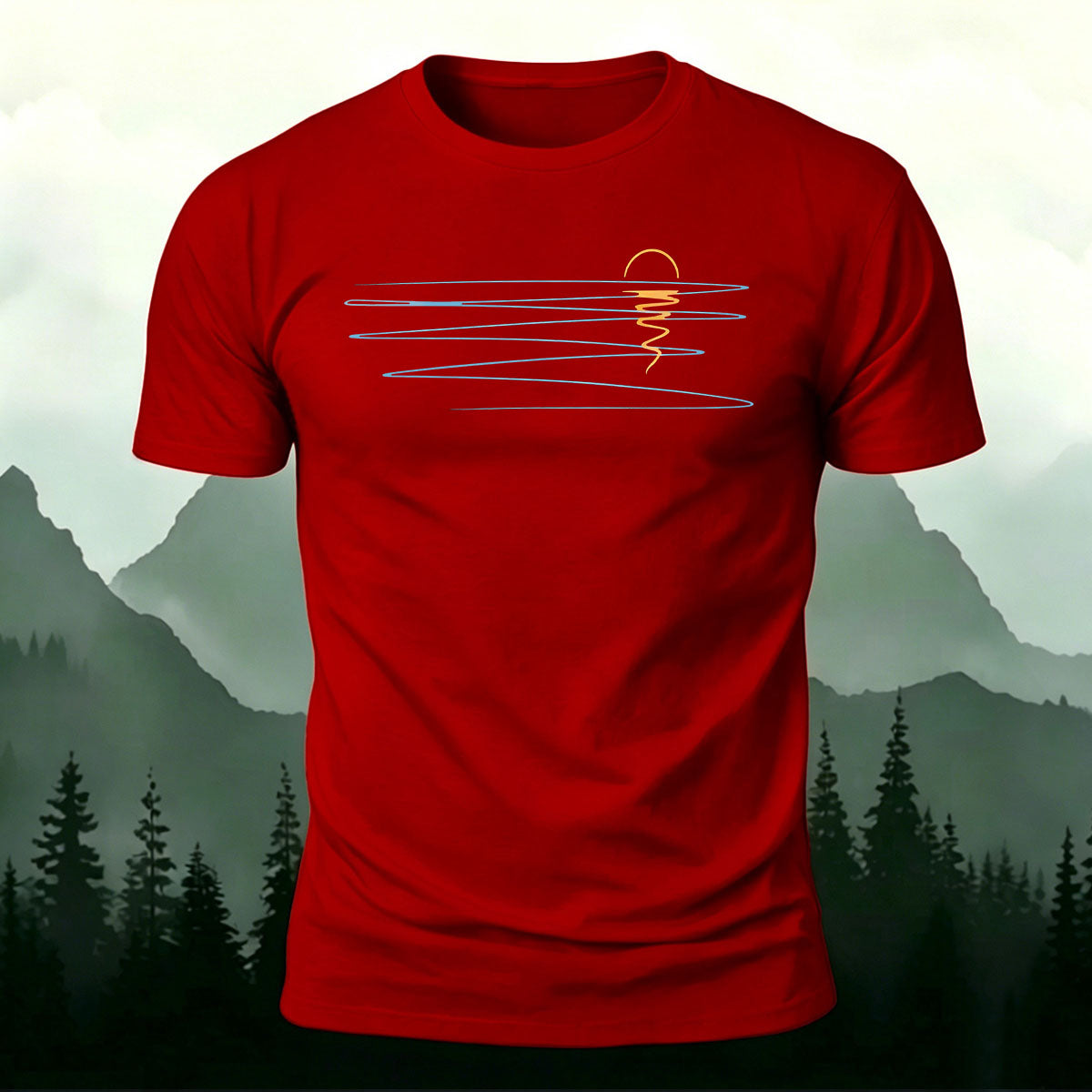 Sunset Line Pattern Minimalist Skin-friendly Casual T-Shirt Red