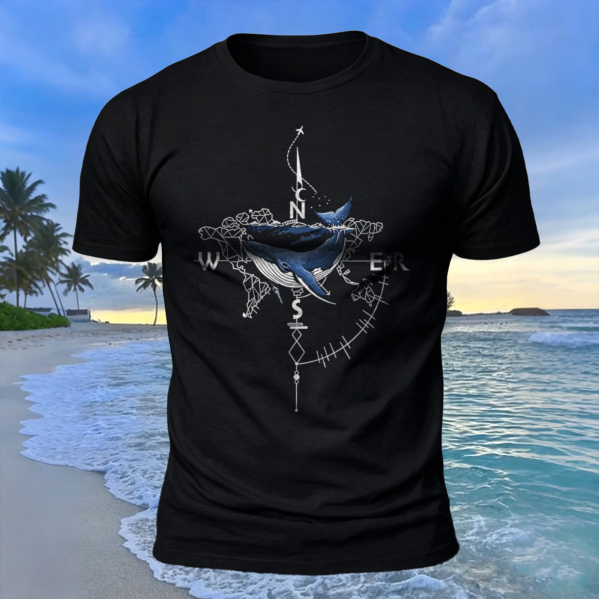 Creative Whale Compass Print 100% Cotton Soft-Touch T-Shirt