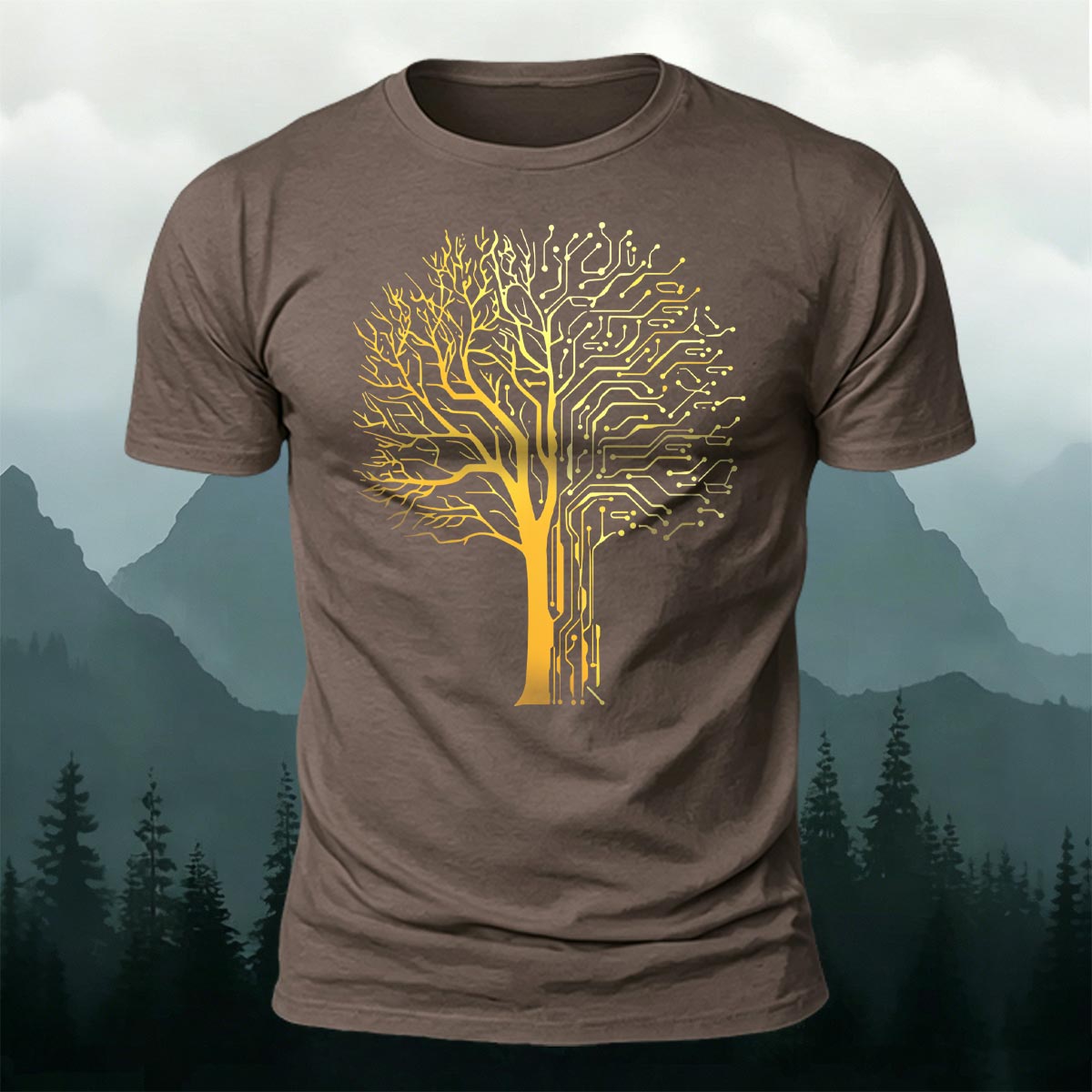 Tech-inspired tree print combed cotton T-shirt