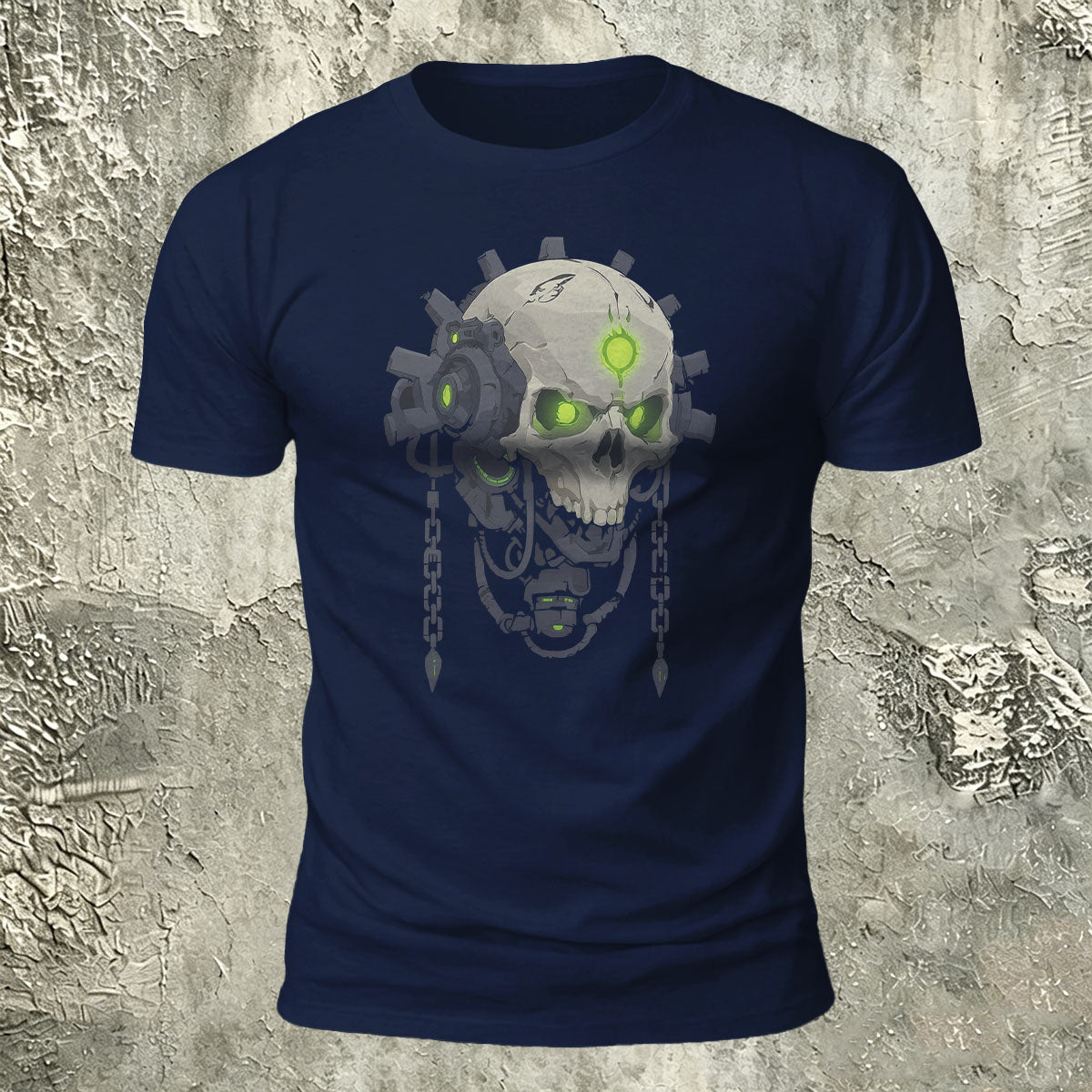 Mechanical Skull Print Cotton Crew Neck T-Shirt