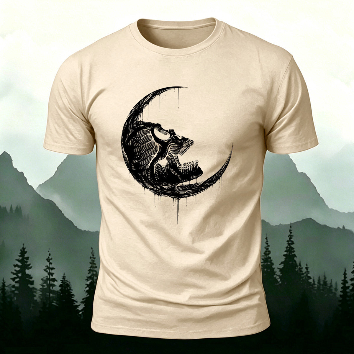 Skull Moon Graphic Trend Premium Cotton T-Shirt Beige