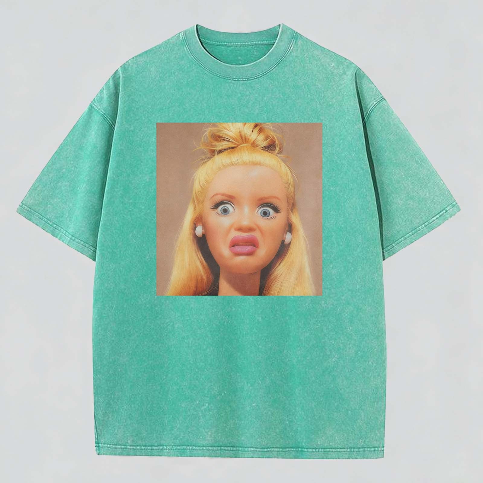 Shocked Face Print Washed Cotton Crew Neck T-Shirt