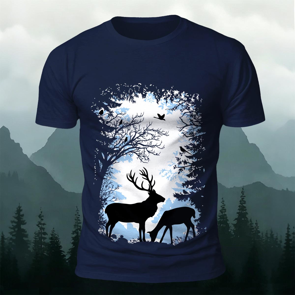 Forest and Deer Silhouette Print Crew-Neck T-Shirt