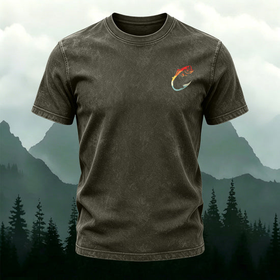 Fish Pattern Minimalist Style Washed Cotton Casual T-Shirt Army Green