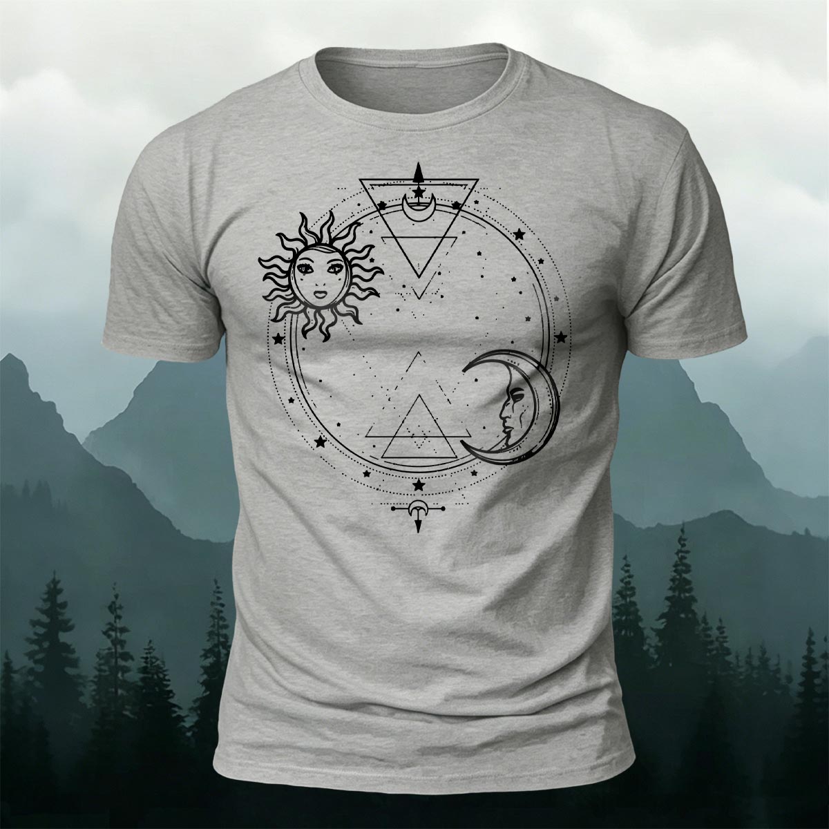 Sun and Moon Print Casual Cotton T-Shirt Grey